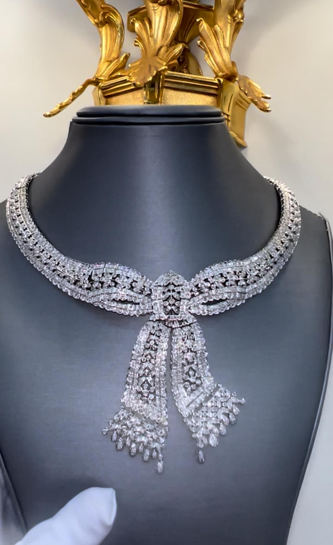 Collana con fiocco Art Deco Belle Époque da 15,00 carati realizzata a mano in oro bianco 18 carati in vendita 3