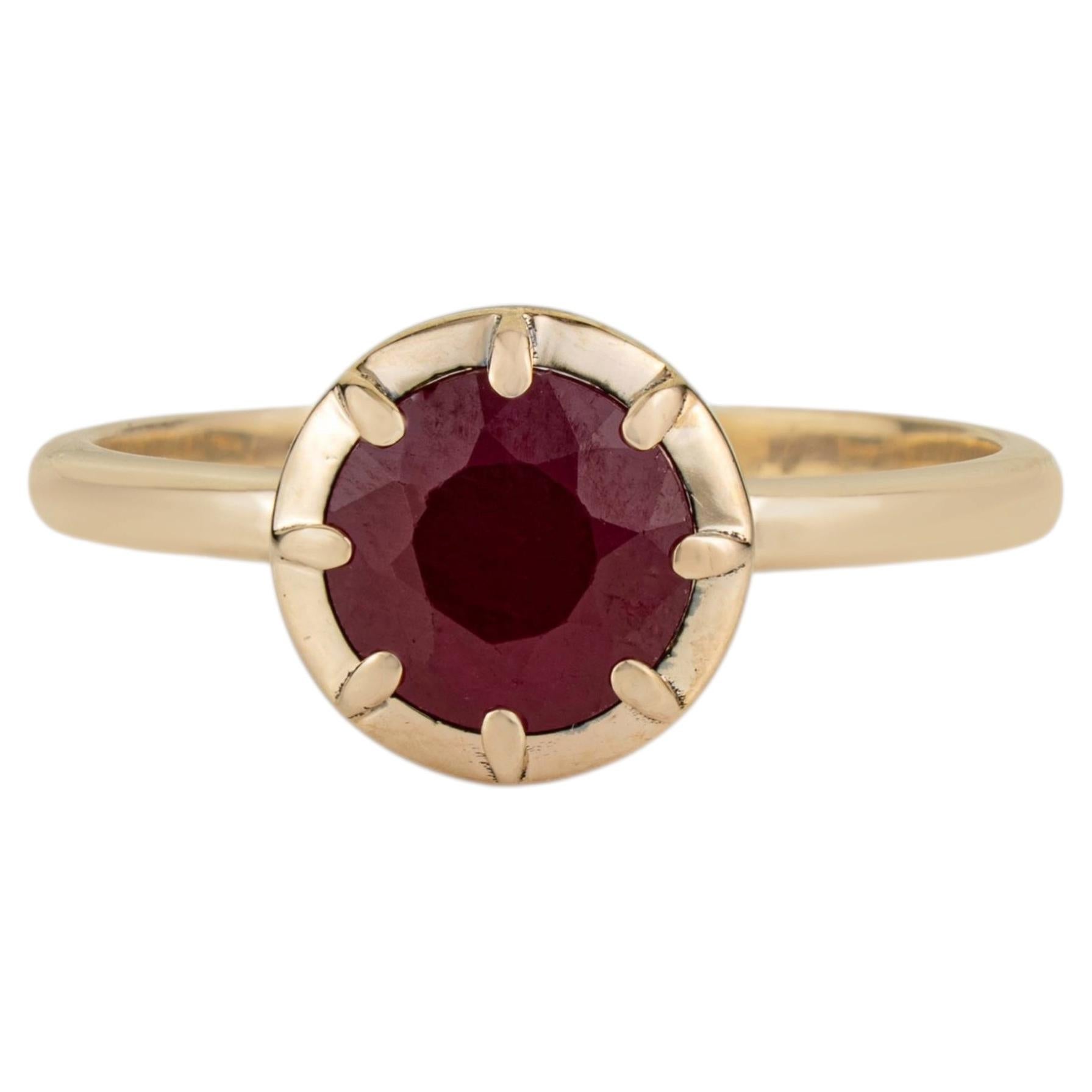 Handcrafted 1.75ct Natural Ruby Solitaire Ring in 14K Yellow Gold Fine Jewelry