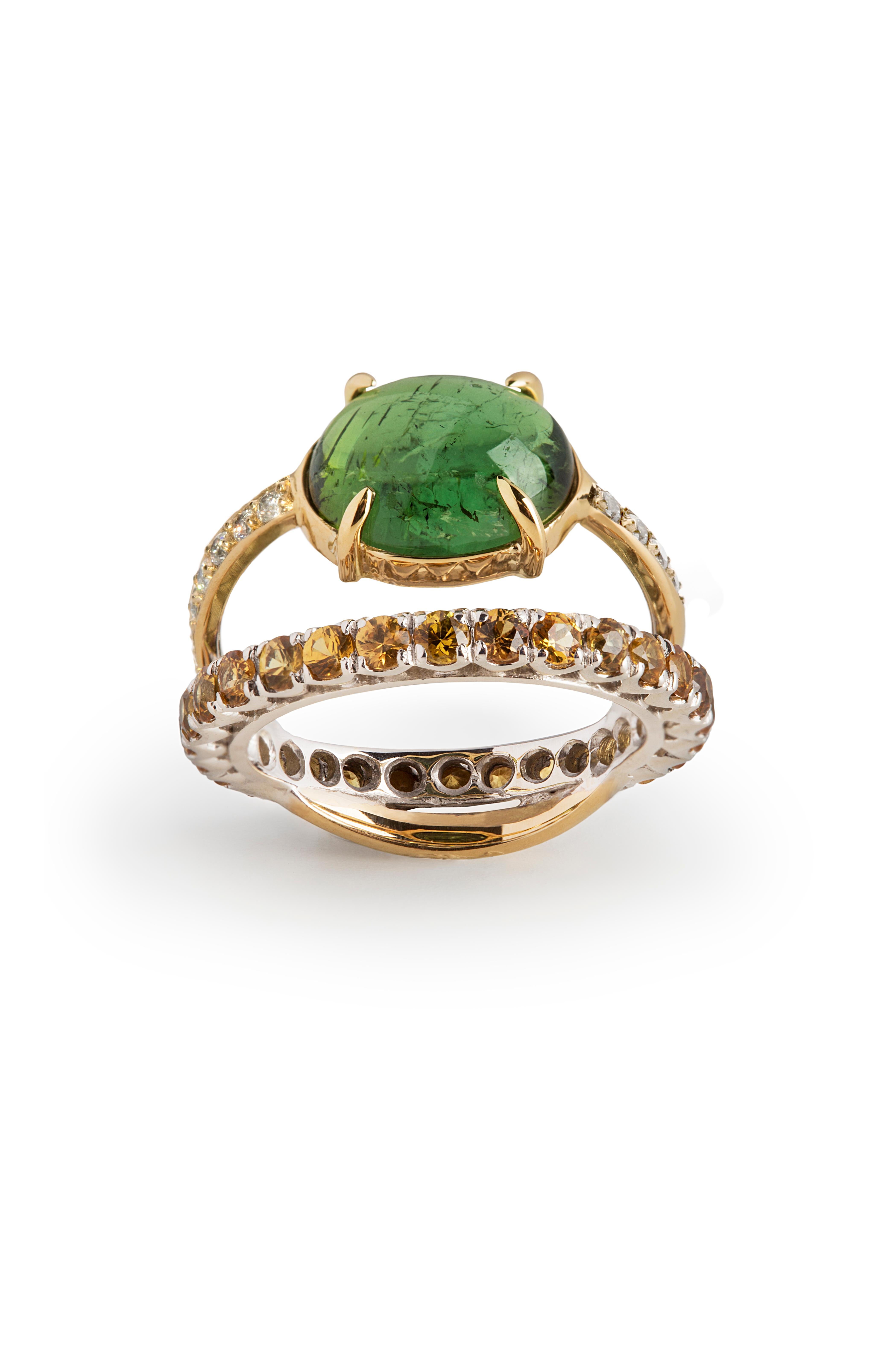 Moderner moderner 18 K Gold 4,26 Karat grüner Turmalin 0,10 Karat Diamanten Saphir Ring (Art déco) im Angebot
