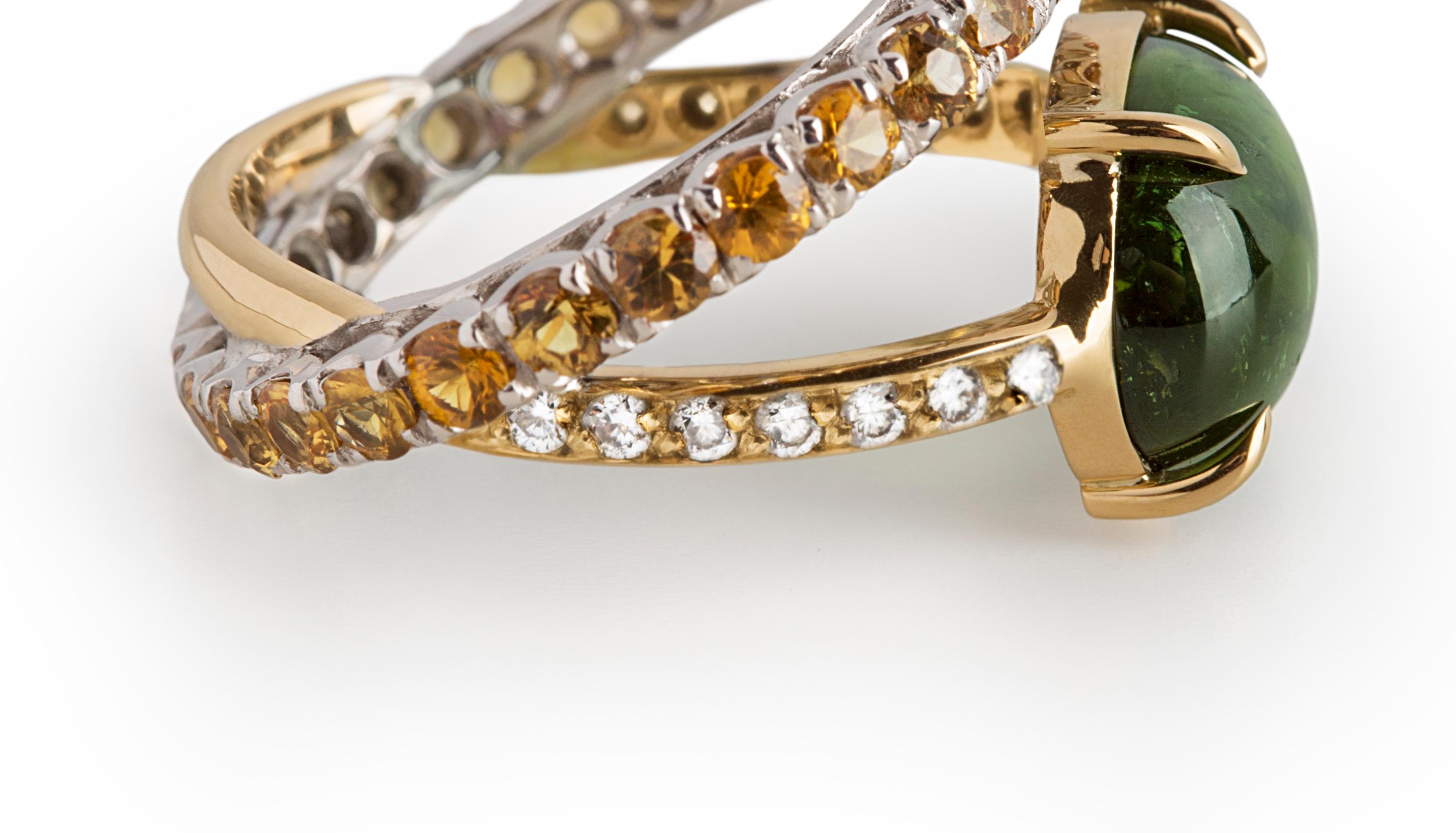 Modern 18 K Gold 4.26 karat Green Tourmaline 0.10 Karat Diamonds Sapphires Ring For Sale 2