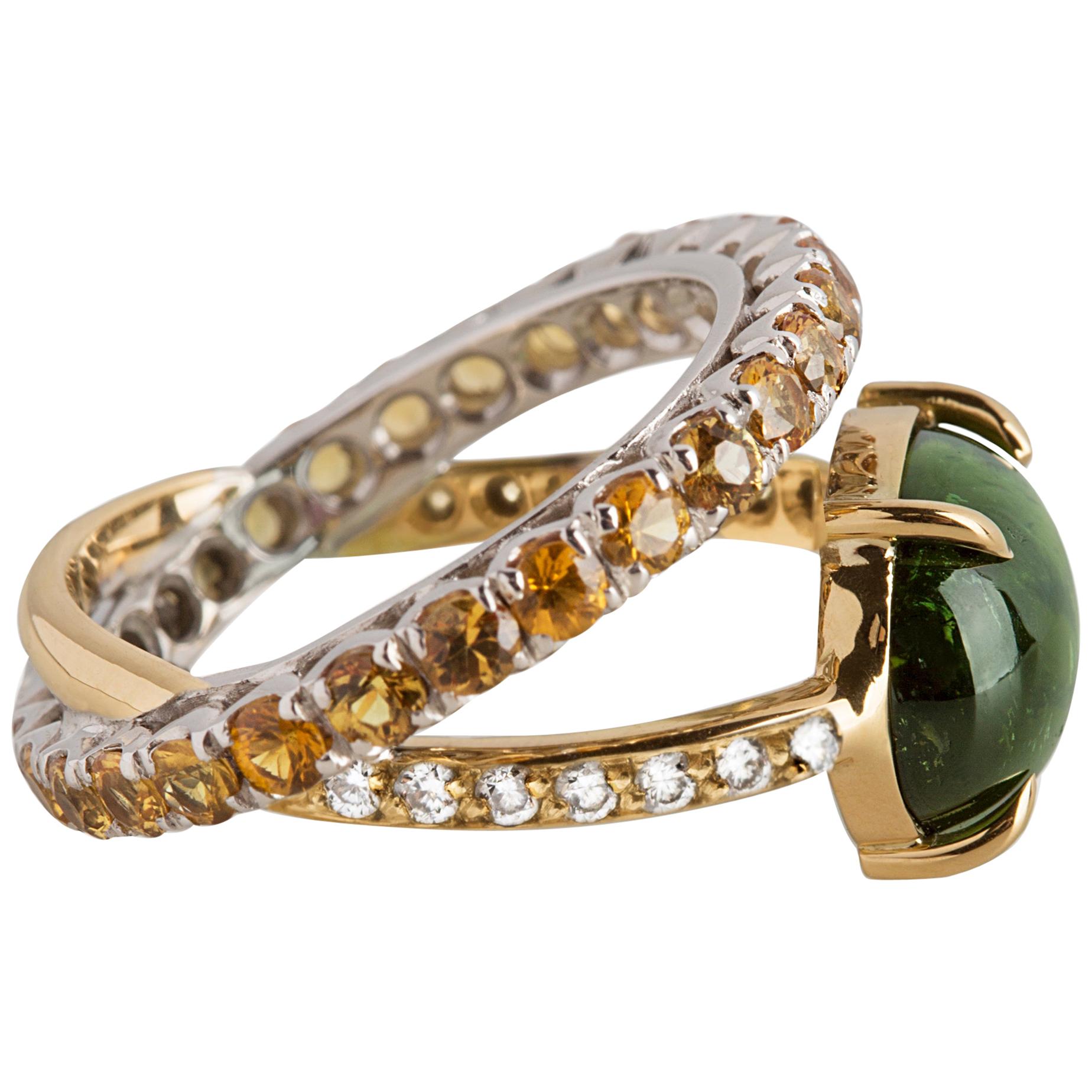 Modern 18 K Gold 4.26 karat Green Tourmaline 0.10 Karat Diamonds Sapphires Ring For Sale