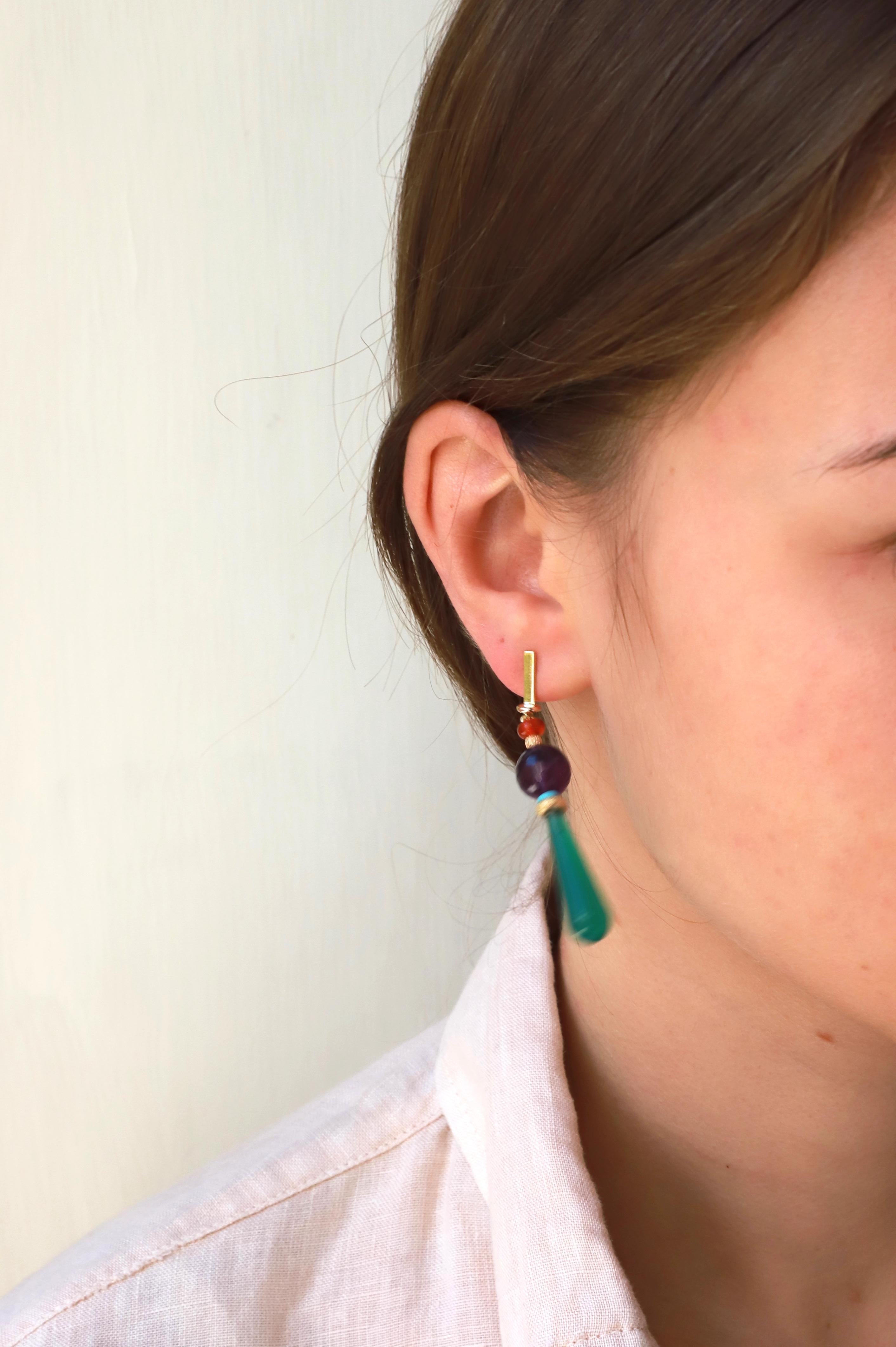 Women's Handcrafted 18 Karat Gold Agate Amethyst Carnelian Turquoise Drops Earrings For Sale