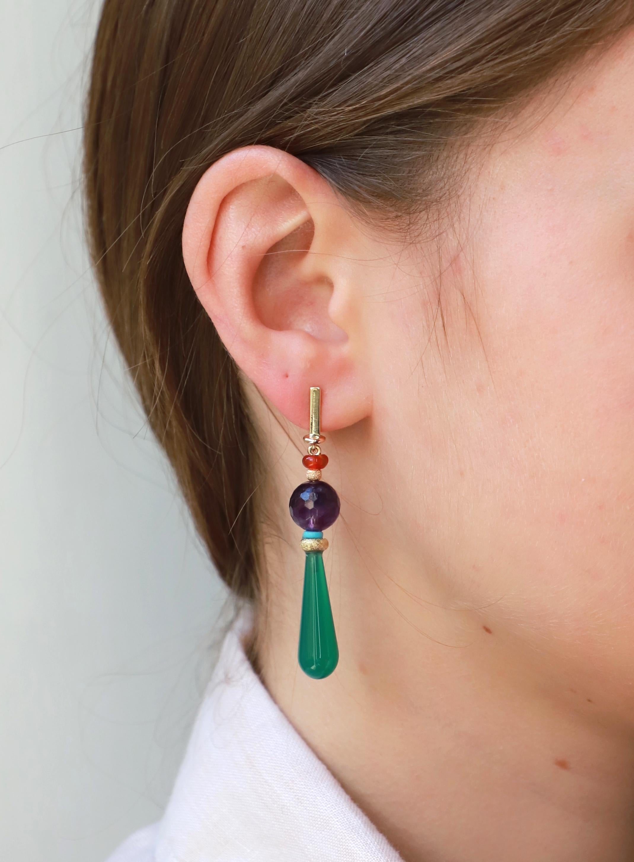 Green Agate 18 Karat Gold Amethyst Carnelian Turquoise Beads Drops Earrings For Sale 7