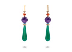 Green Agate 18 Karat Gold Amethyst Carnelian Turquoise Beads Drops Earrings
