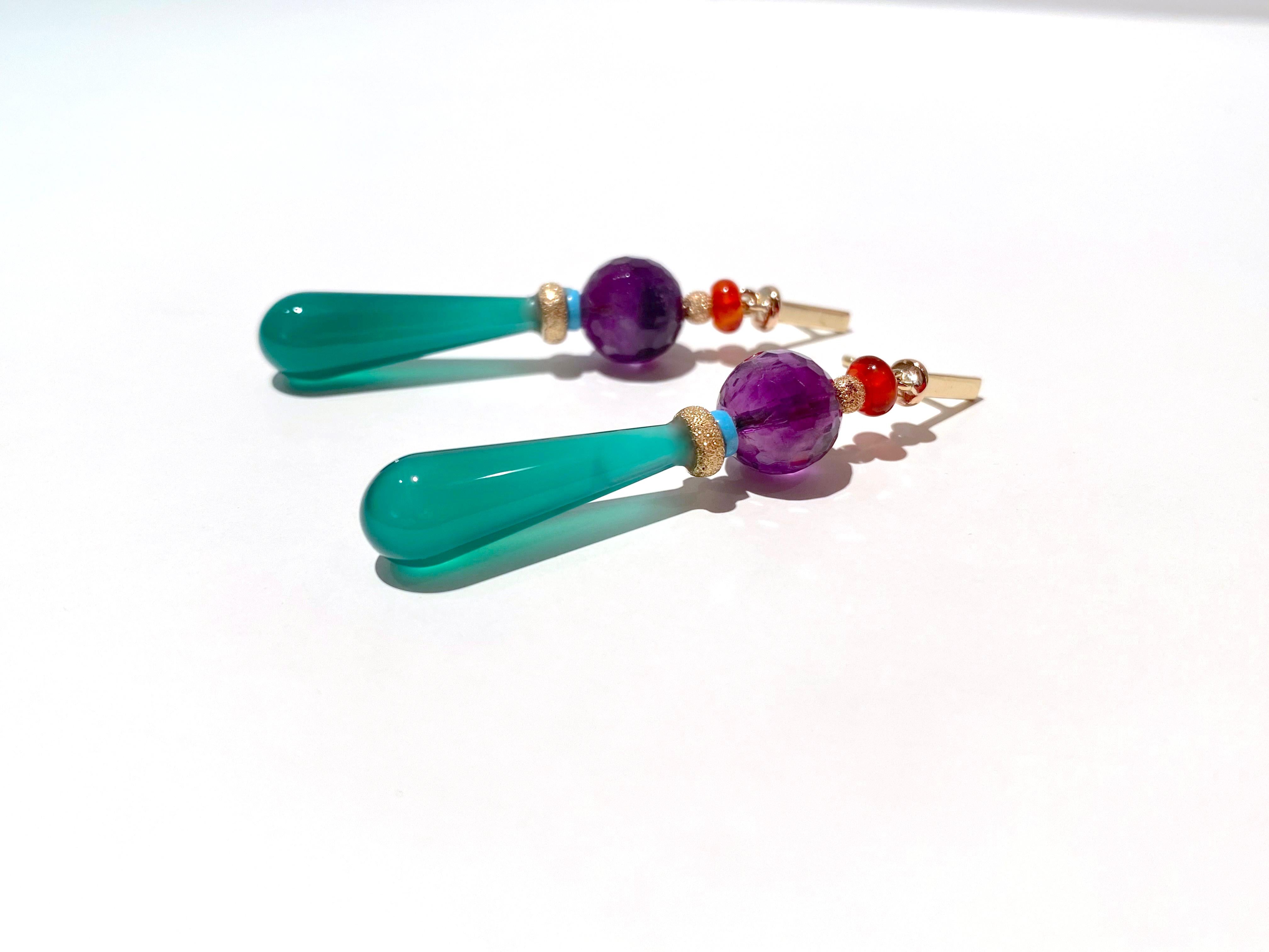 Art Deco Green Agate 18 Karat Gold Amethyst Carnelian Turquoise Beads Drops Earrings For Sale