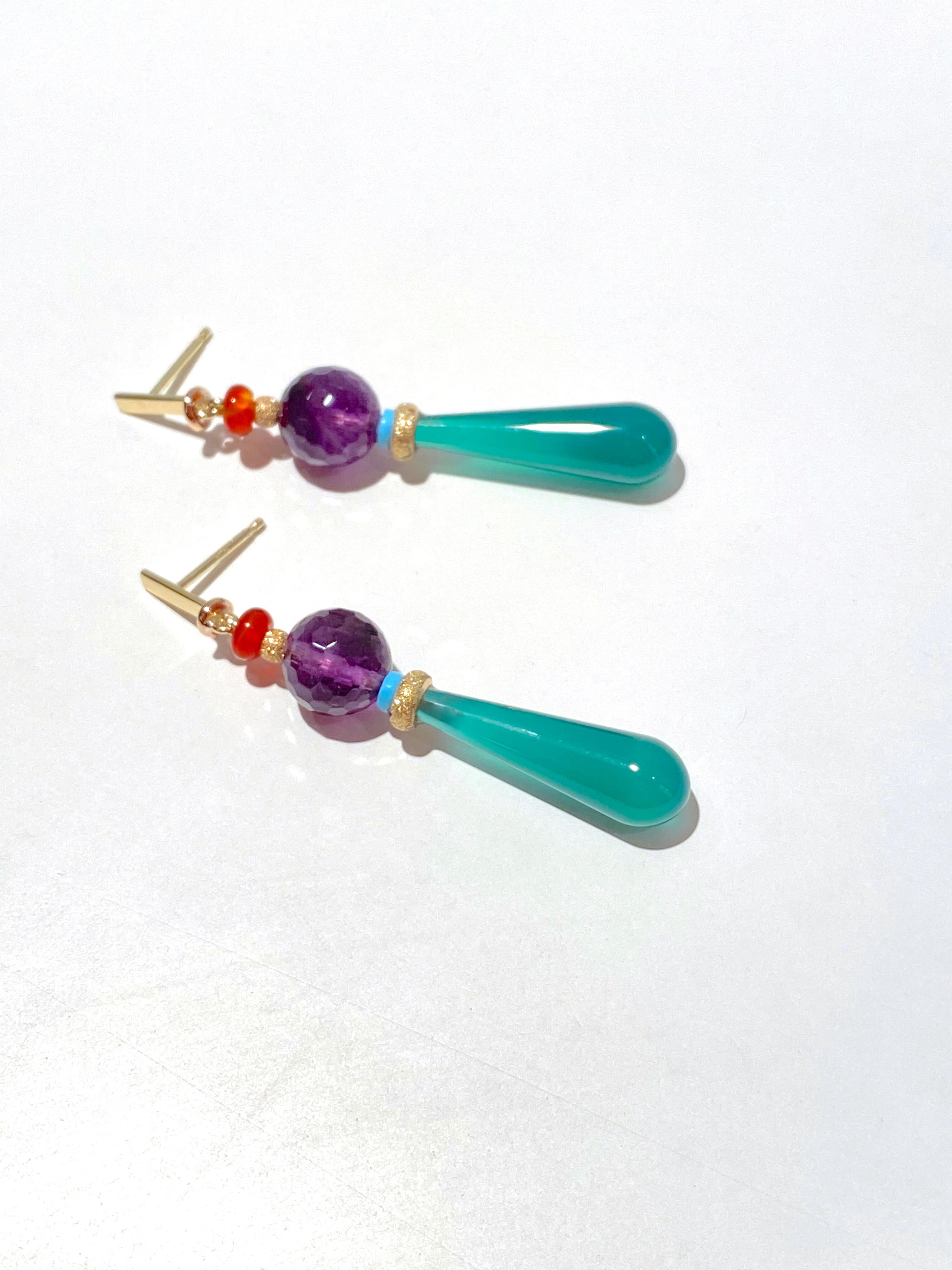 Mixed Cut Green Agate 18 Karat Gold Amethyst Carnelian Turquoise Beads Drops Earrings For Sale