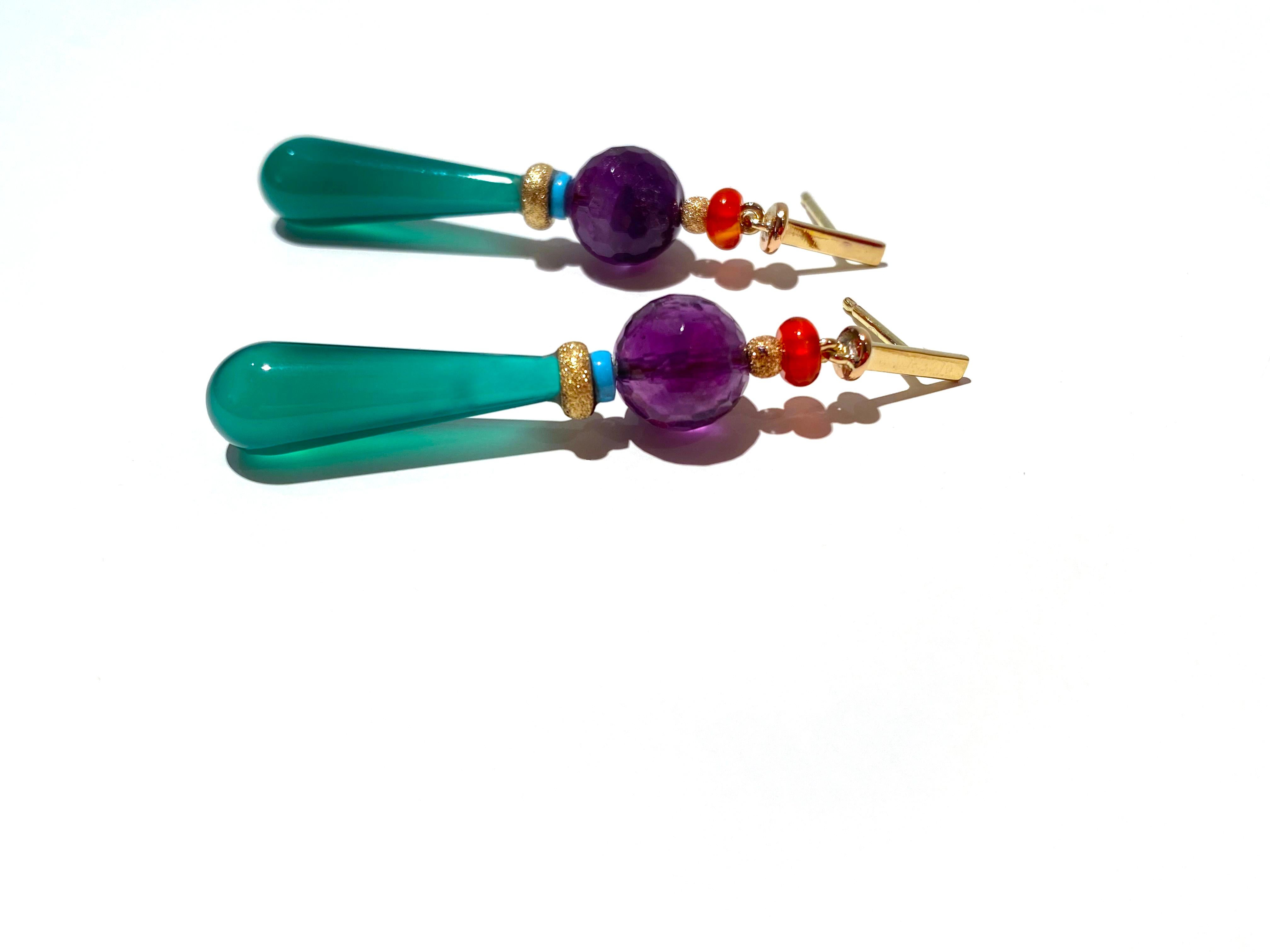 Green Agate 18 Karat Gold Amethyst Carnelian Turquoise Beads Drops Earrings For Sale 2