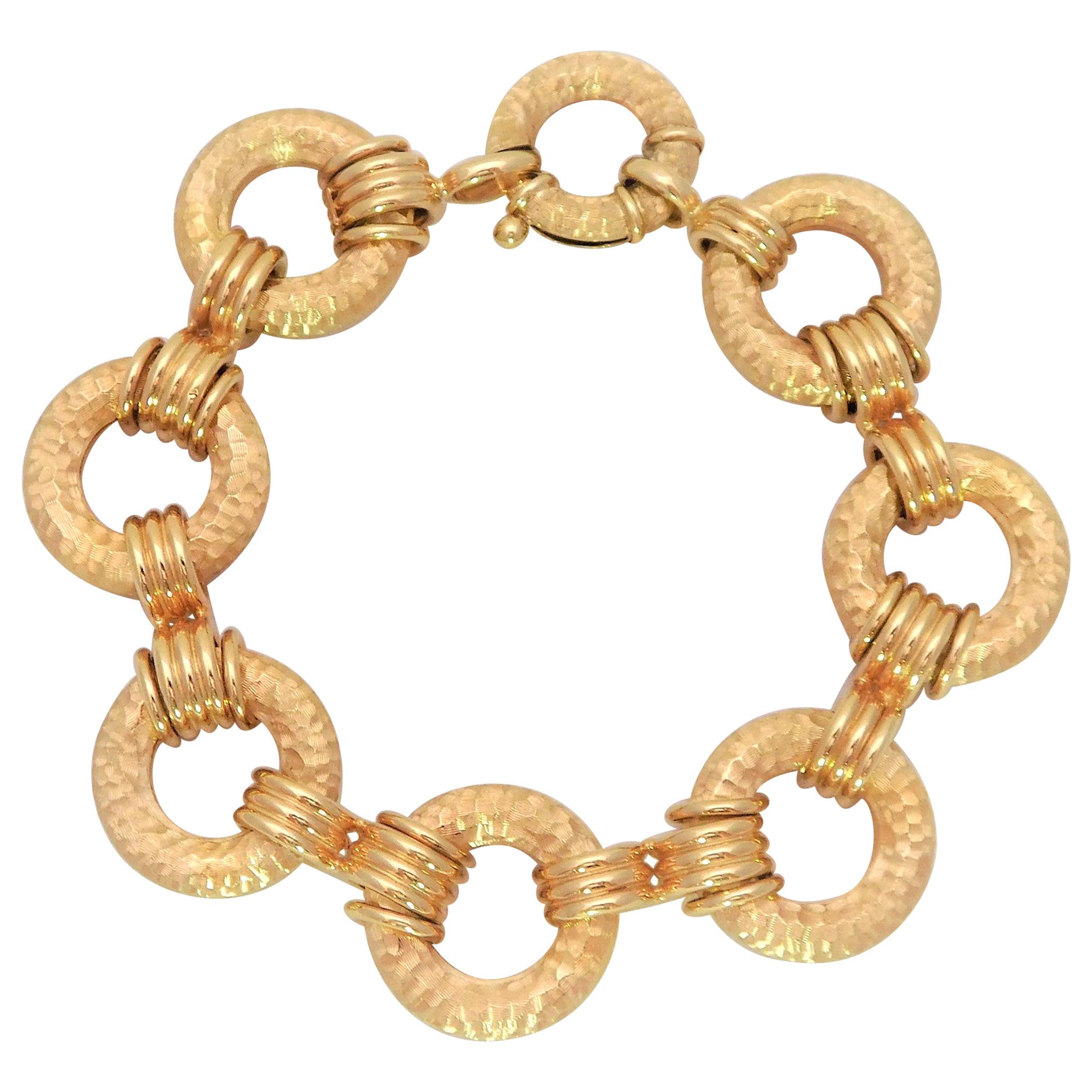 Handcrafted 18 Karat Gold Hammered Link Bracelet For Sale