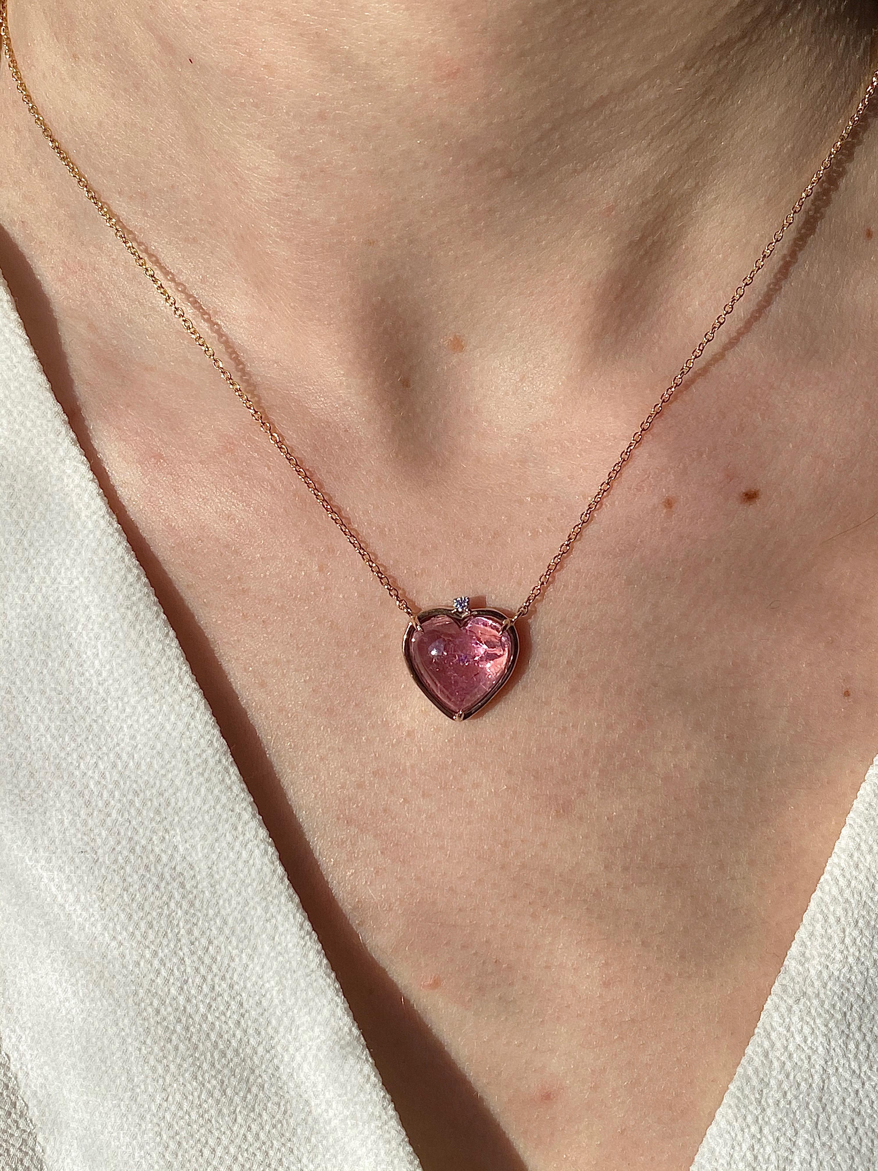 Handcrafted 18 Karat Gold Pink Tourmaline Diamond Heart Pendant Love Necklace 1