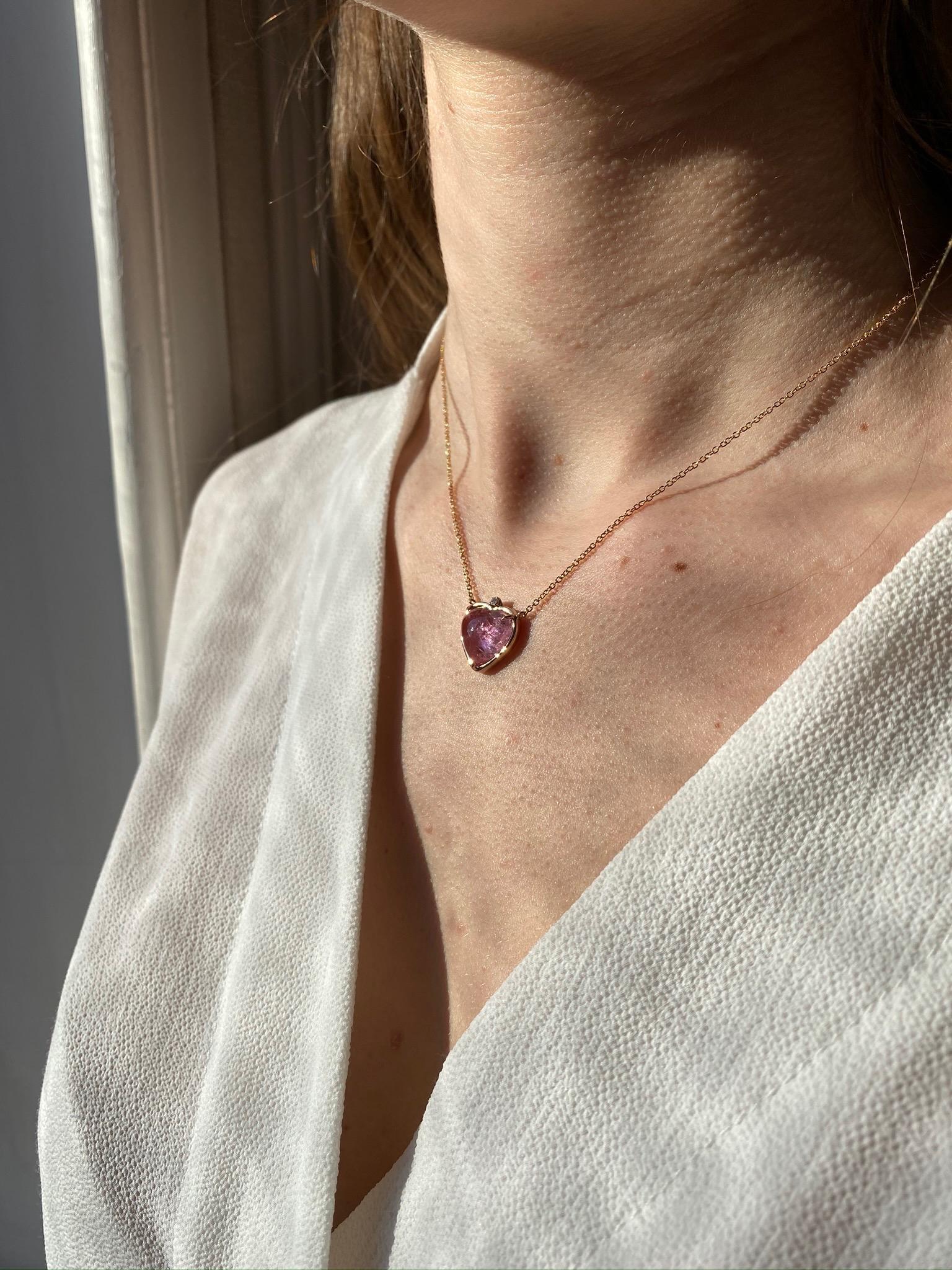 Handcrafted 18 Karat Gold Pink Tourmaline Diamond Heart Pendant Love Necklace 2