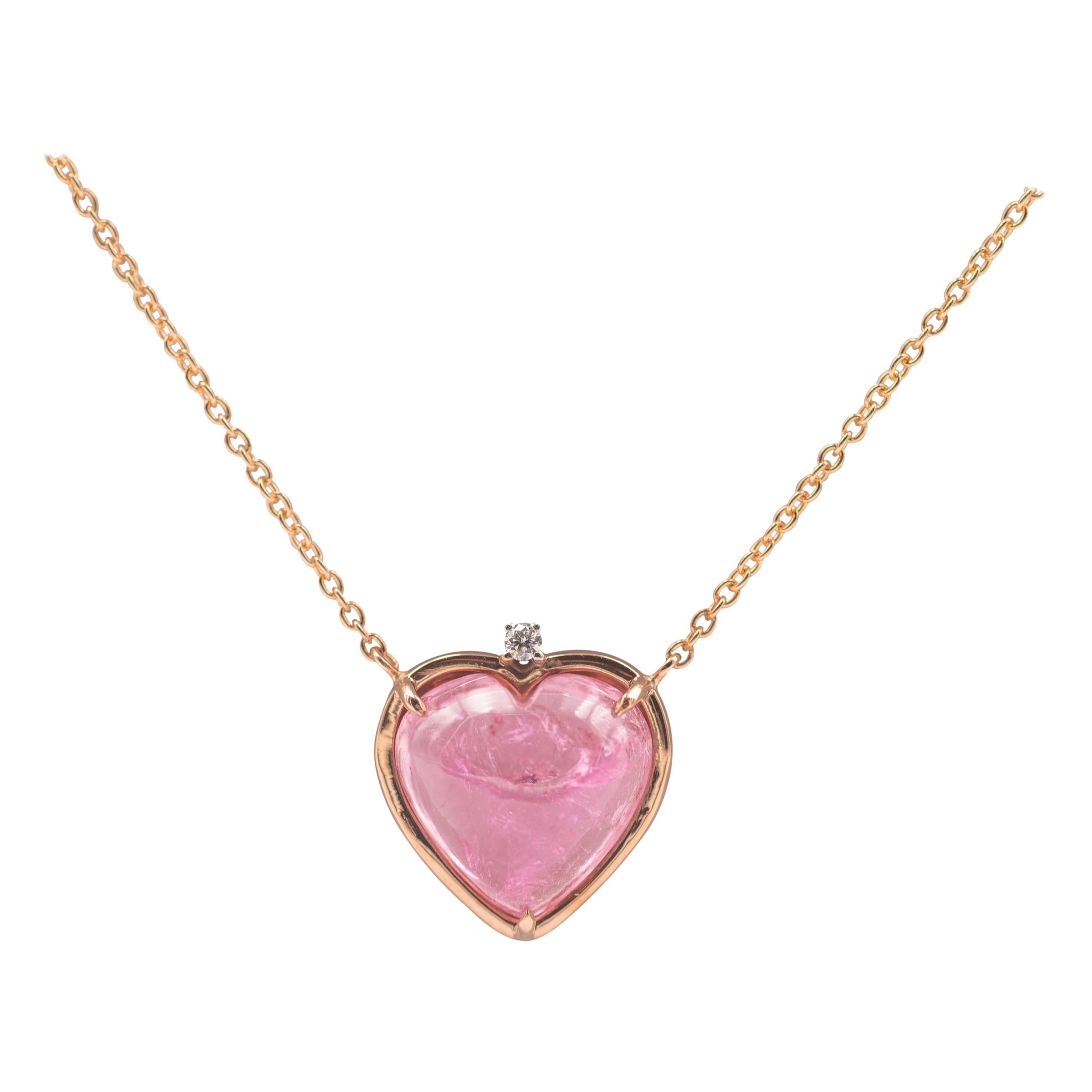 Handcrafted 18 Karat Gold Pink Tourmaline Diamond Heart Pendant Love Necklace