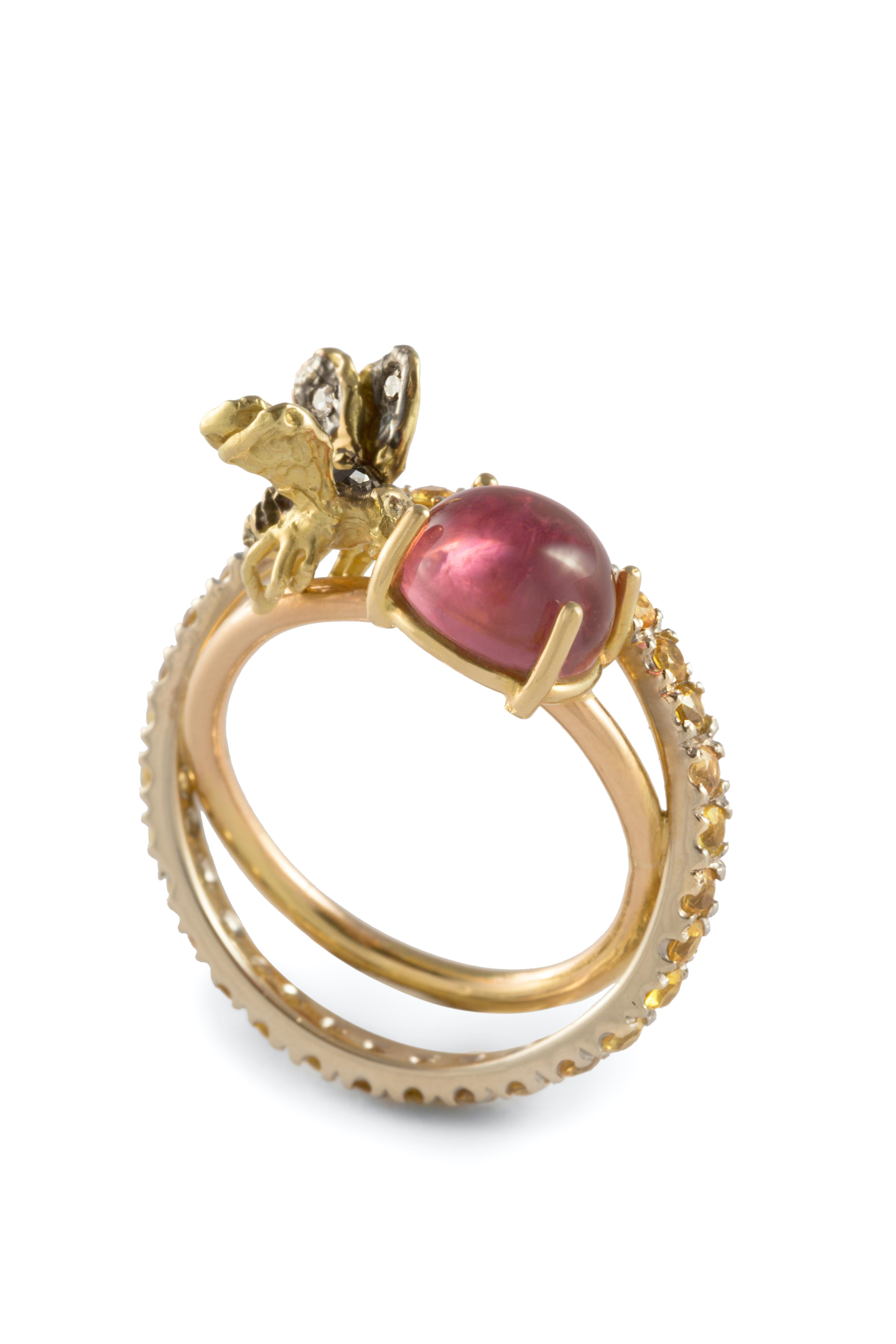 Bee 18K Gold 1 karat Tourmaline 3 karats Yellow Sapphires Diamonds Design Ring For Sale 2