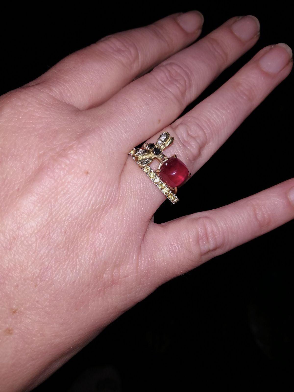 Abeja Oro 18K 1 quilate Turmalina 3 quilates Zafiros Amarillos Diamantes Anillo de diseño Corte brillante en venta