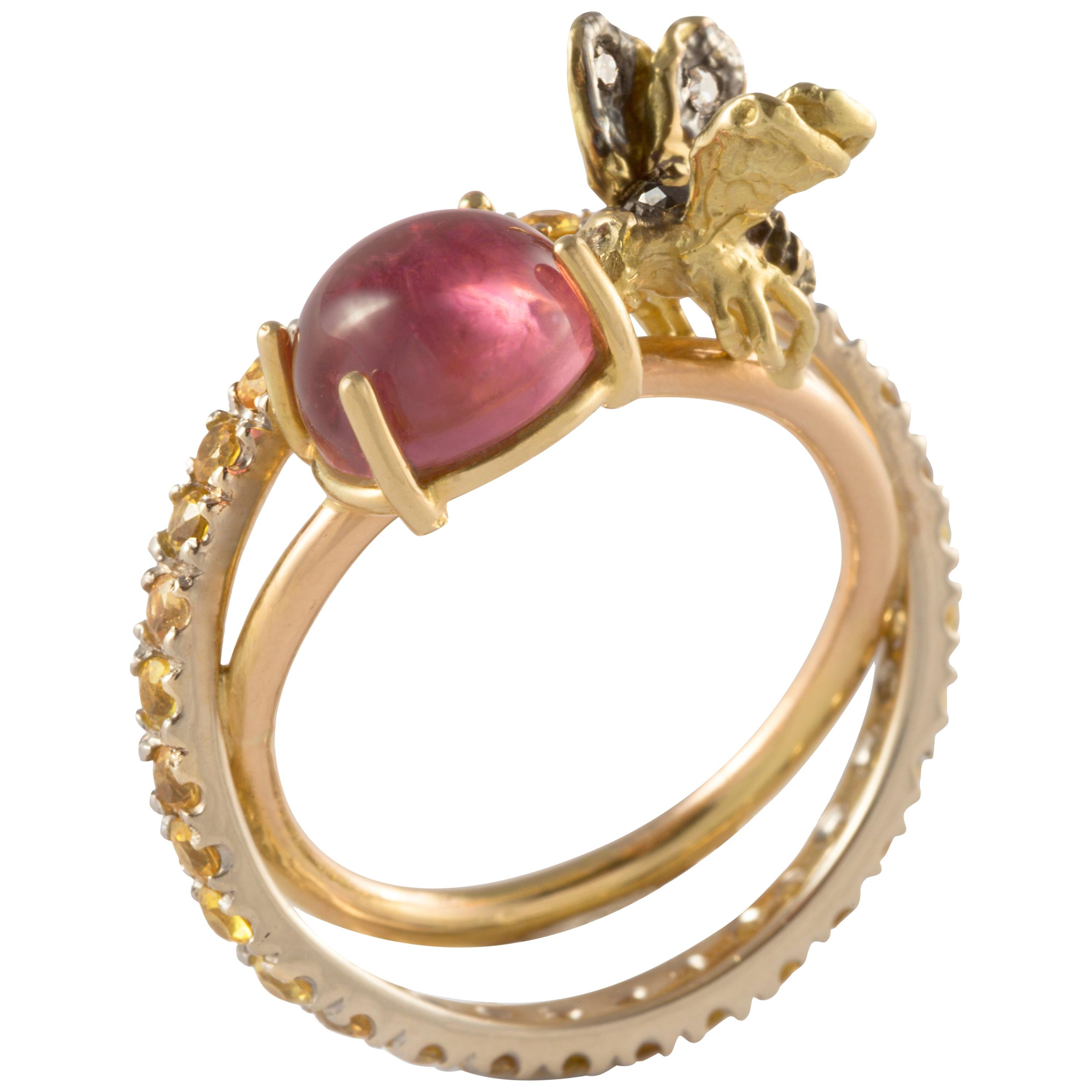Handgefertigter Turmalin-Ring aus 18 Karat Gold mit gelben Saphiren, schwarzen und weißen Diamanten