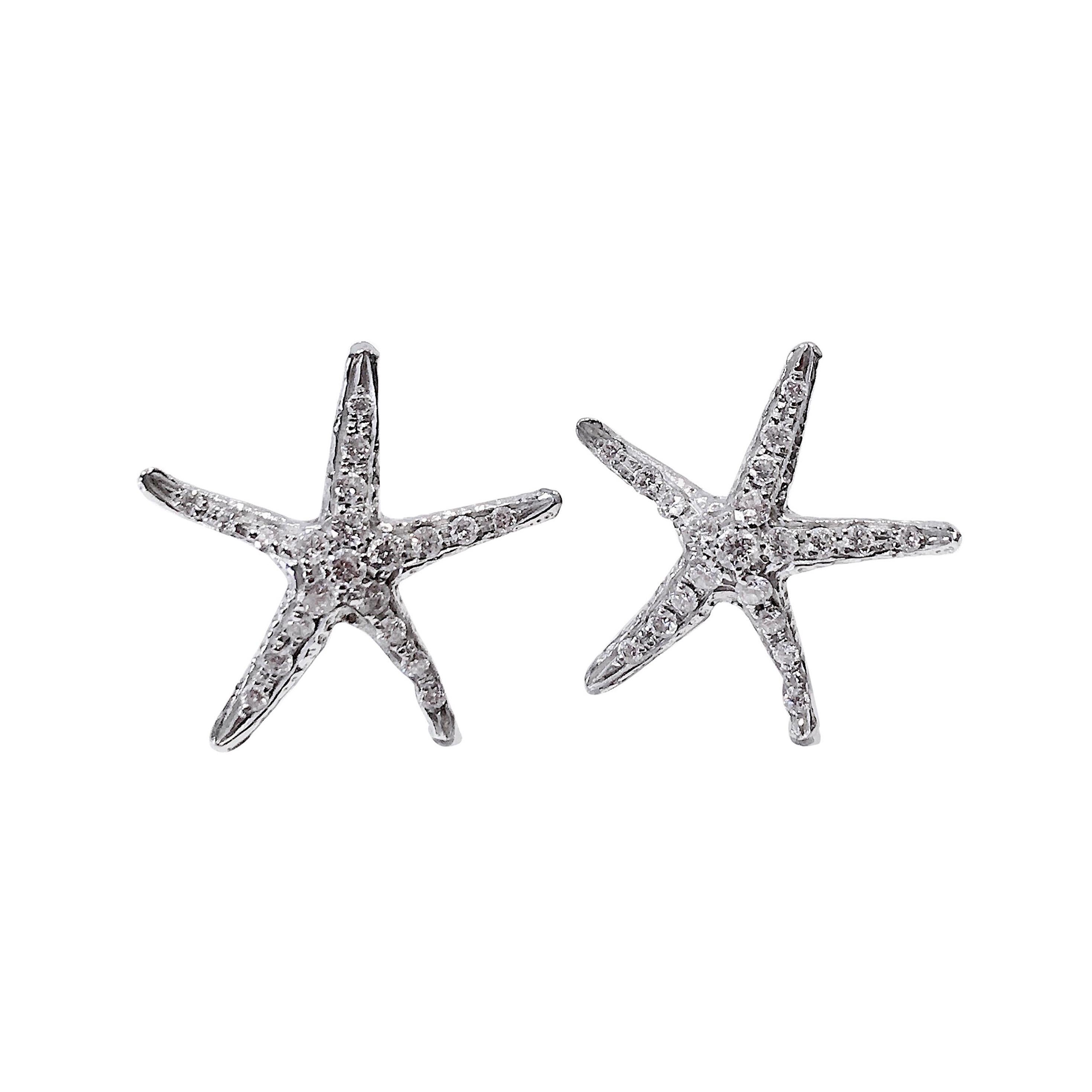Handcrafted 18 Karat White Gold 0.40 Carat White Diamonds Starfish Stud Earrings For Sale