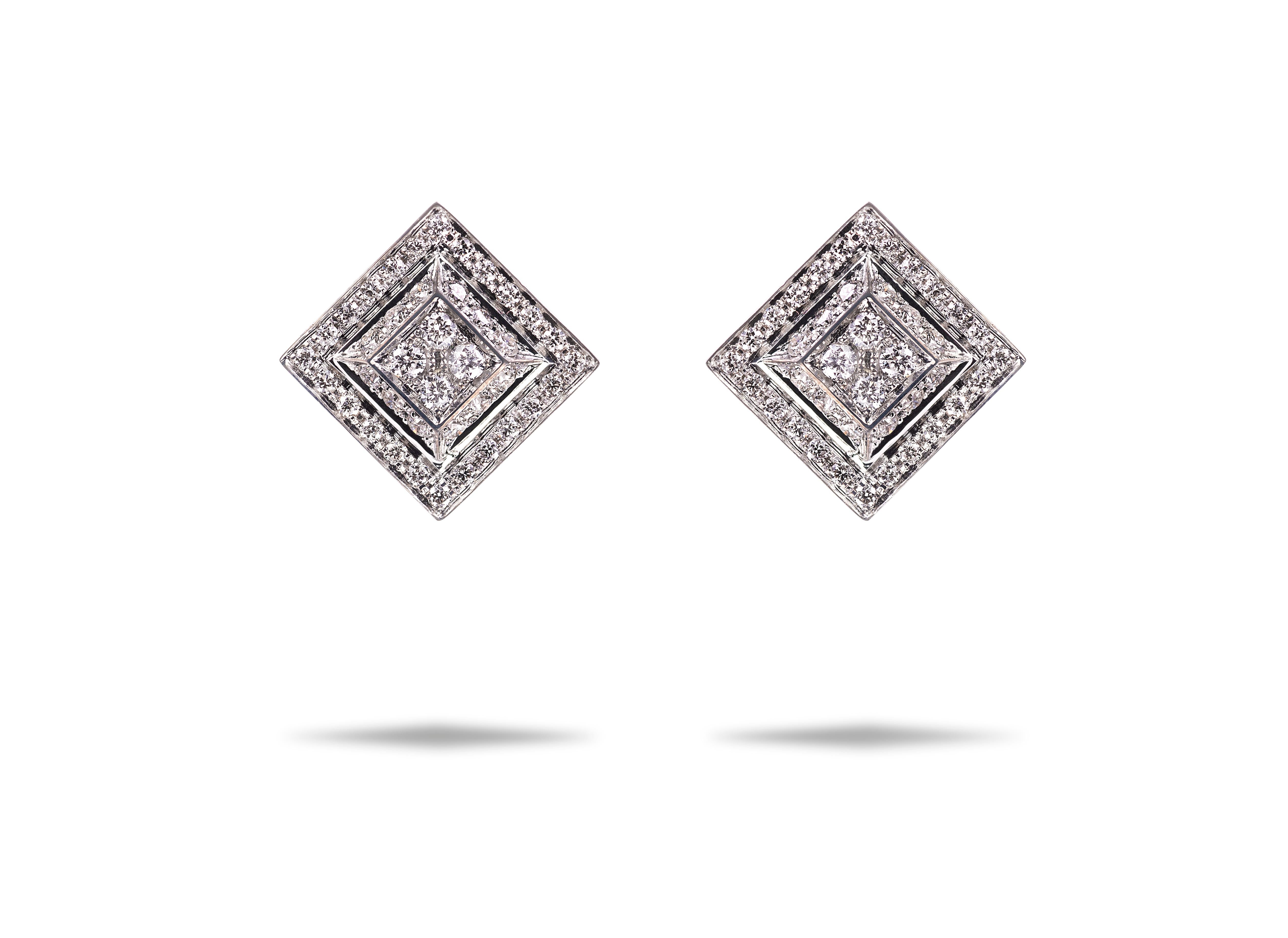 Taille brillant Clous d'oreilles « Square » en or blanc 18 carats et diamants blancs de 1 carat, fabriqués à la main en vente