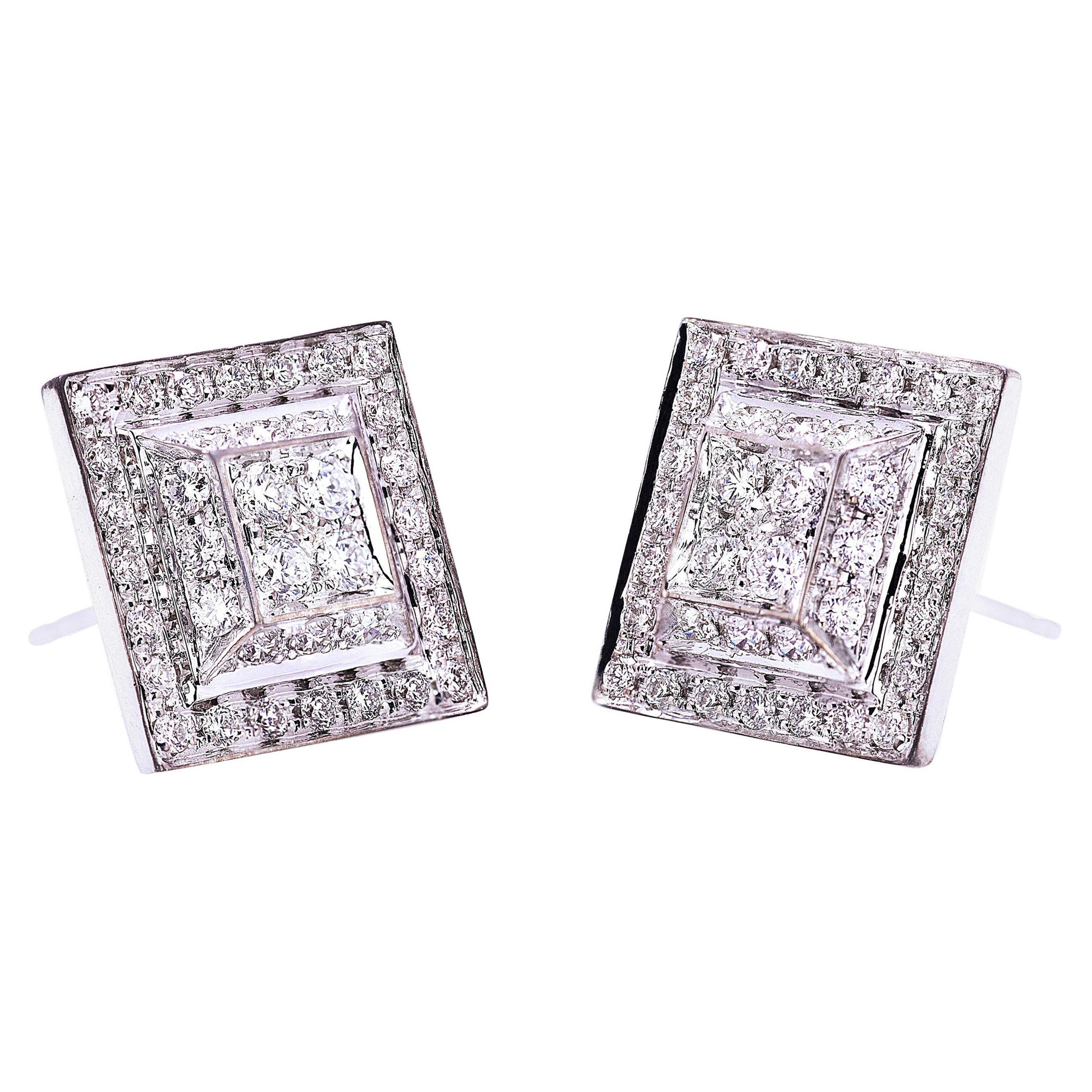 Clous d'oreilles « Square » en or blanc 18 carats et diamants blancs de 1 carat, fabriqués à la main en vente