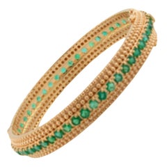 Handcrafted 18 Karat Yellow Gold Beaded Bangle with 6.75ct Natural Emeralds