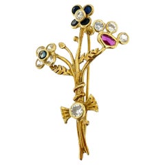 Handcrafted 18 karat Yellow Gold Brooch with Zircons and Quartz
