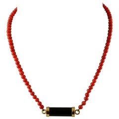 Handcrafted 18 Karat Yellow Gold, Onyx, Coral beaded Necklace
