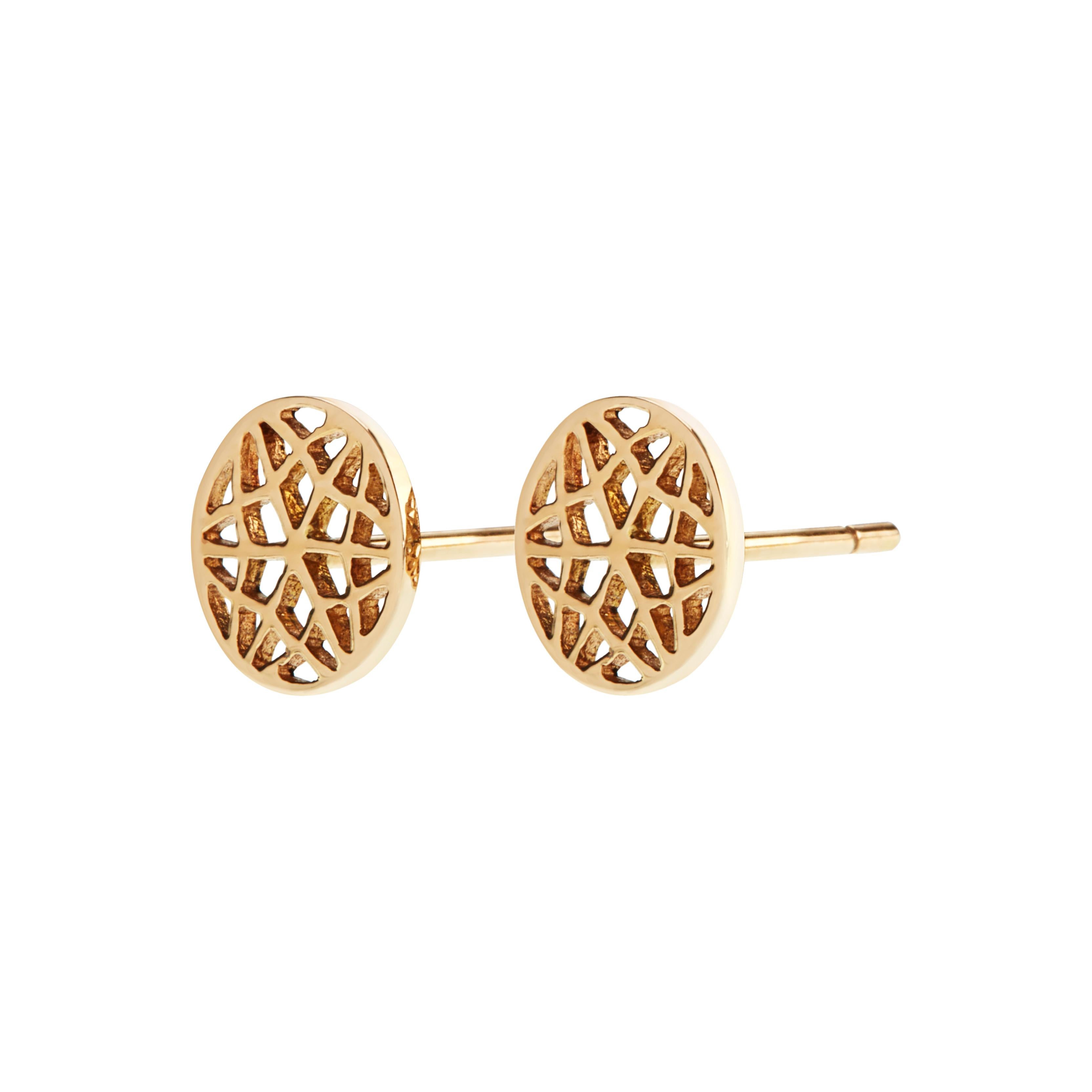 Handcrafted 18 Karat Yellow Gold Stud Earrings. Simple yet subtly elegant our gold lace earrings are ideal for an everyday precious stud. Can be worn both with a casual outfit for an every day look or with a more elegant outfit. Showcasing our