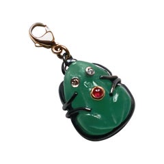Handcrafted 18 Karats Gold Jade Ruby Diamonds Silver Bezel Frog Charme Pendant