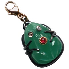 Handcrafted 18 Karats Gold Jade Ruby Diamonds Silver Bezel Frog Charme Pendant