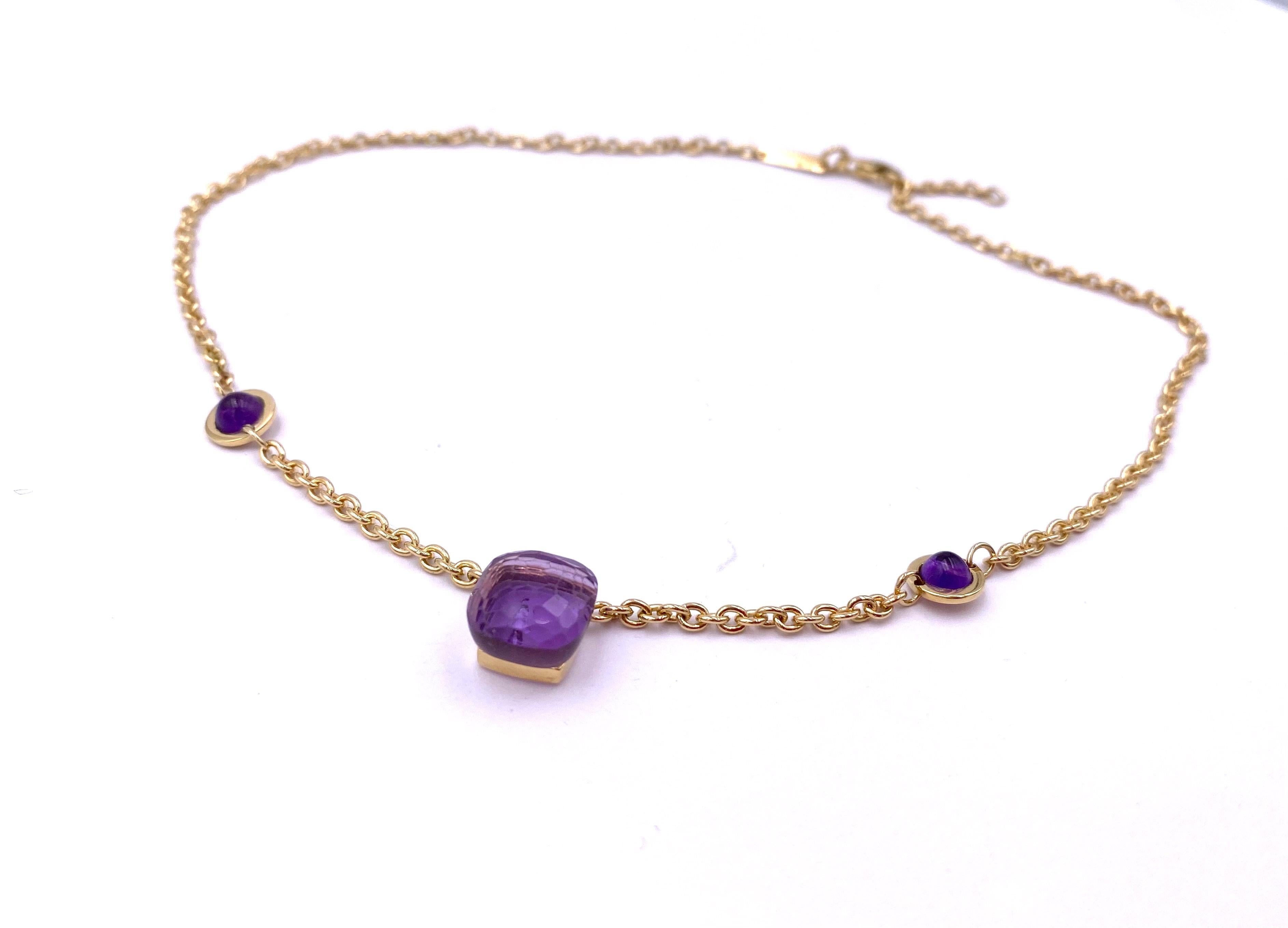 Artisan Handcrafted 18 Karats Yellow Gold Cabochon Amethyst Design Chain Necklace For Sale