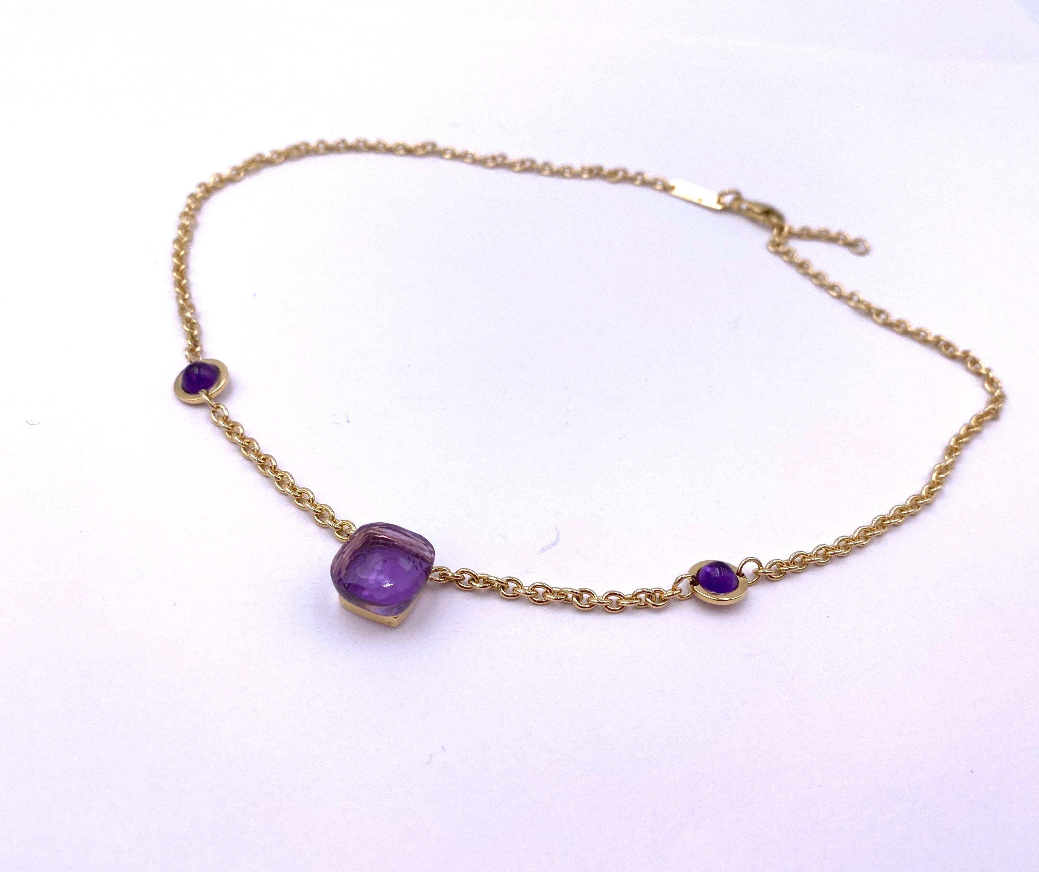 Handcrafted 18 Karats Yellow Gold Cabochon Amethyst Design Chain Necklace For Sale 2