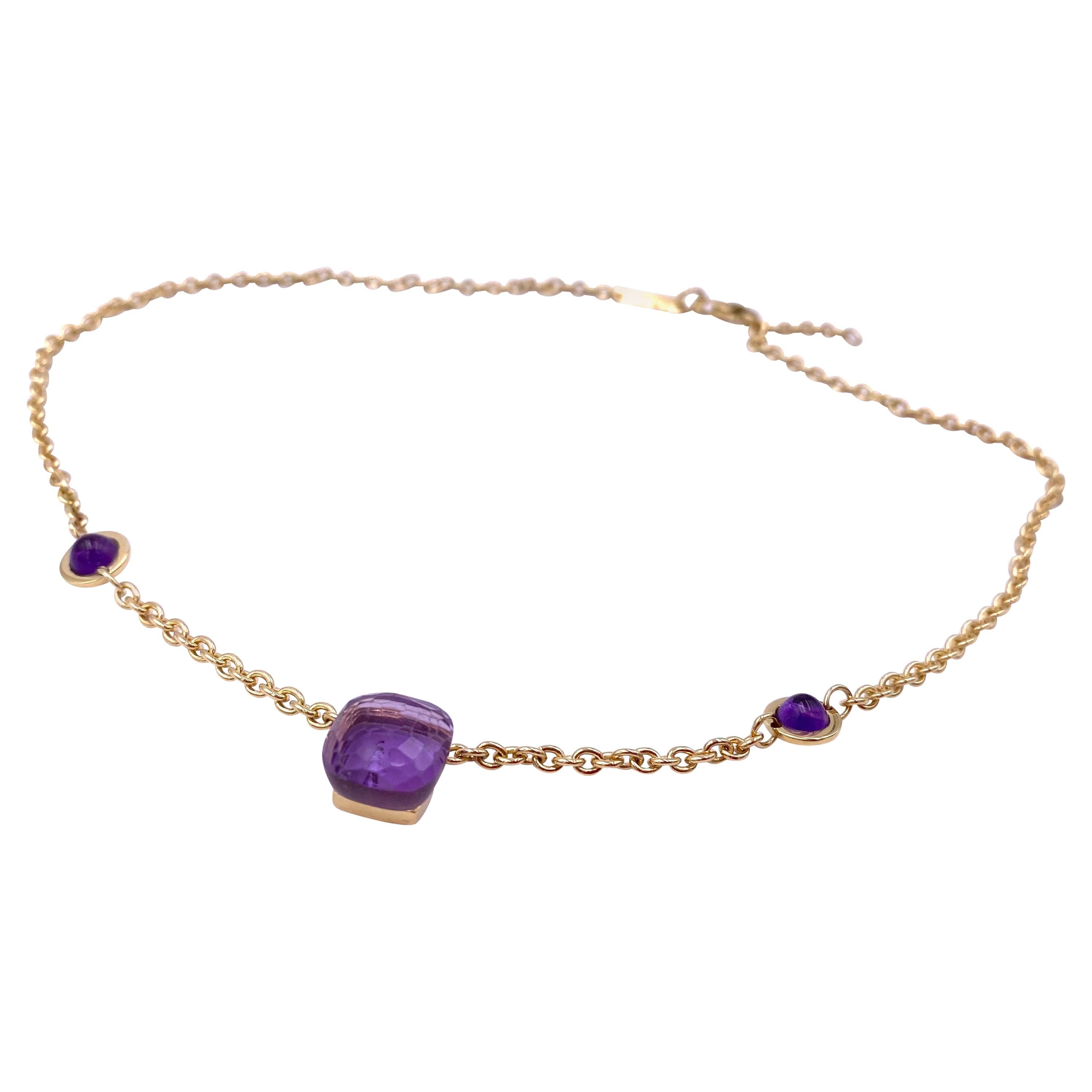 Handcrafted 18 Karats Yellow Gold Cabochon Amethyst Design Chain Necklace For Sale