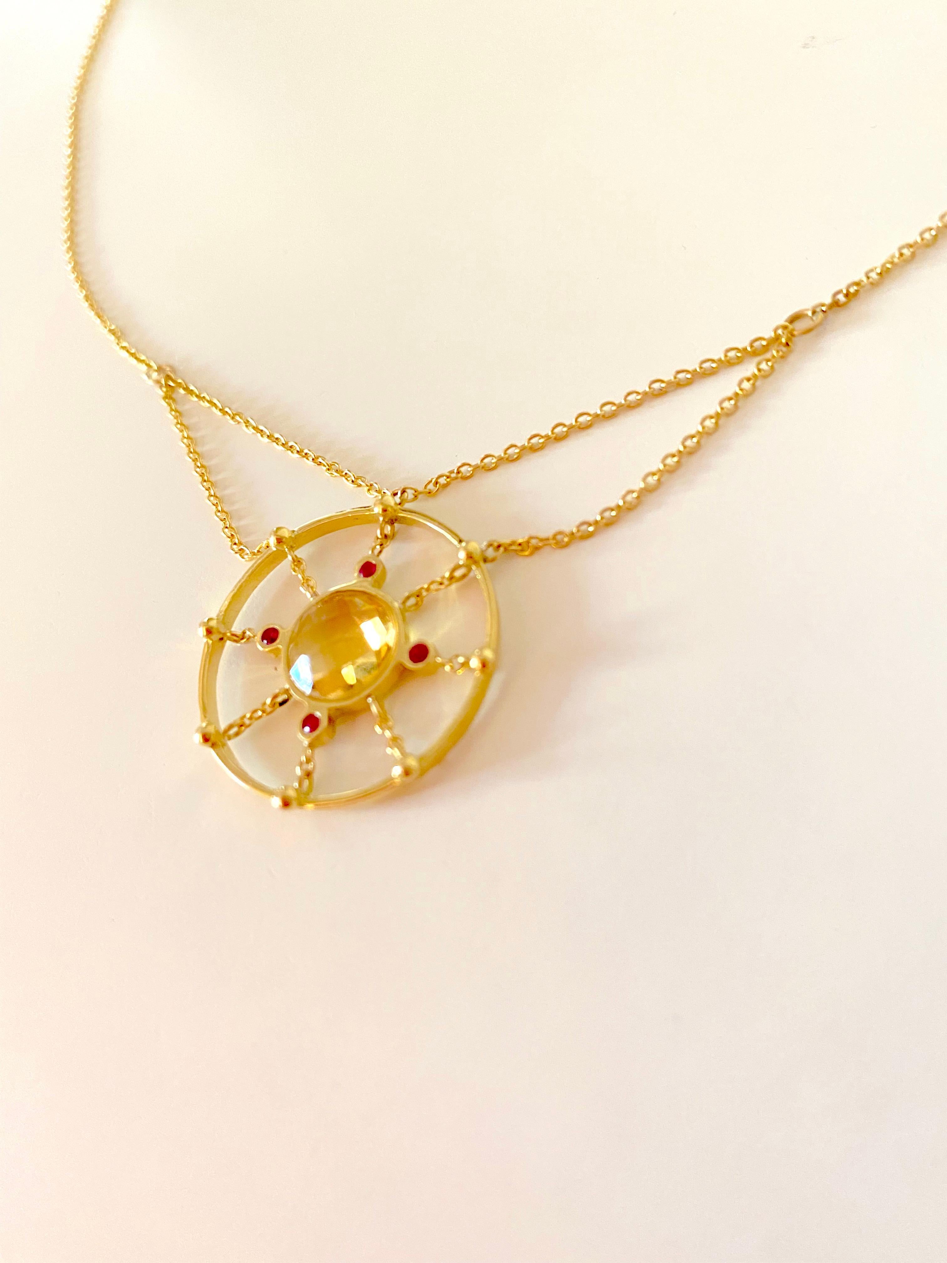 Mixed Cut Handcrafted 18 Karats Yellow Gold Citrine Rubies Design Chain Pendant Necklace For Sale