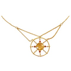 Collana con ciondolo a catena in oro giallo Citrino e Rubini, realizzata a mano, 18 carati.