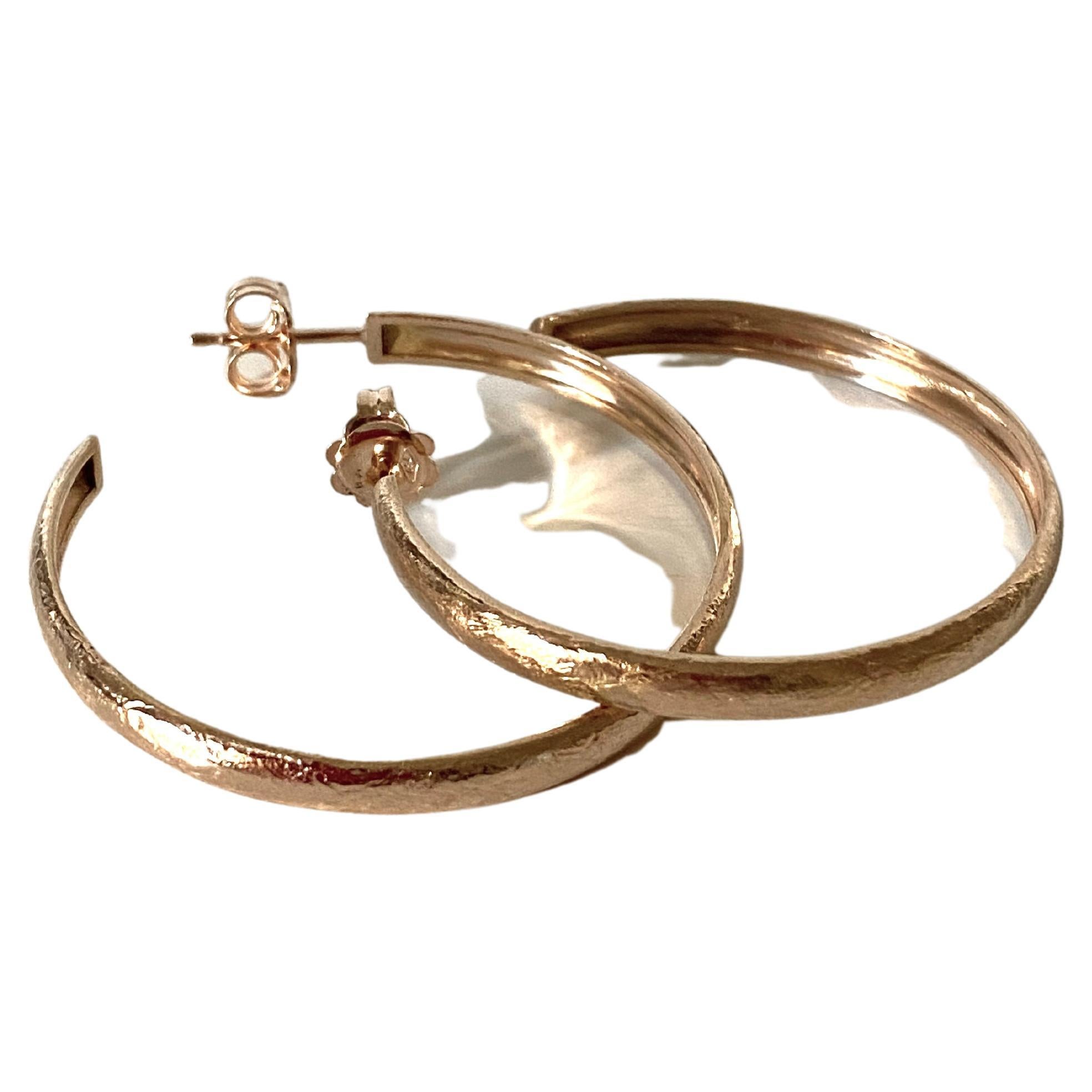 Women's Handcrafted Hammered 18K Yellow Gold Scratched Satin Design Hoops Earrings For Sale