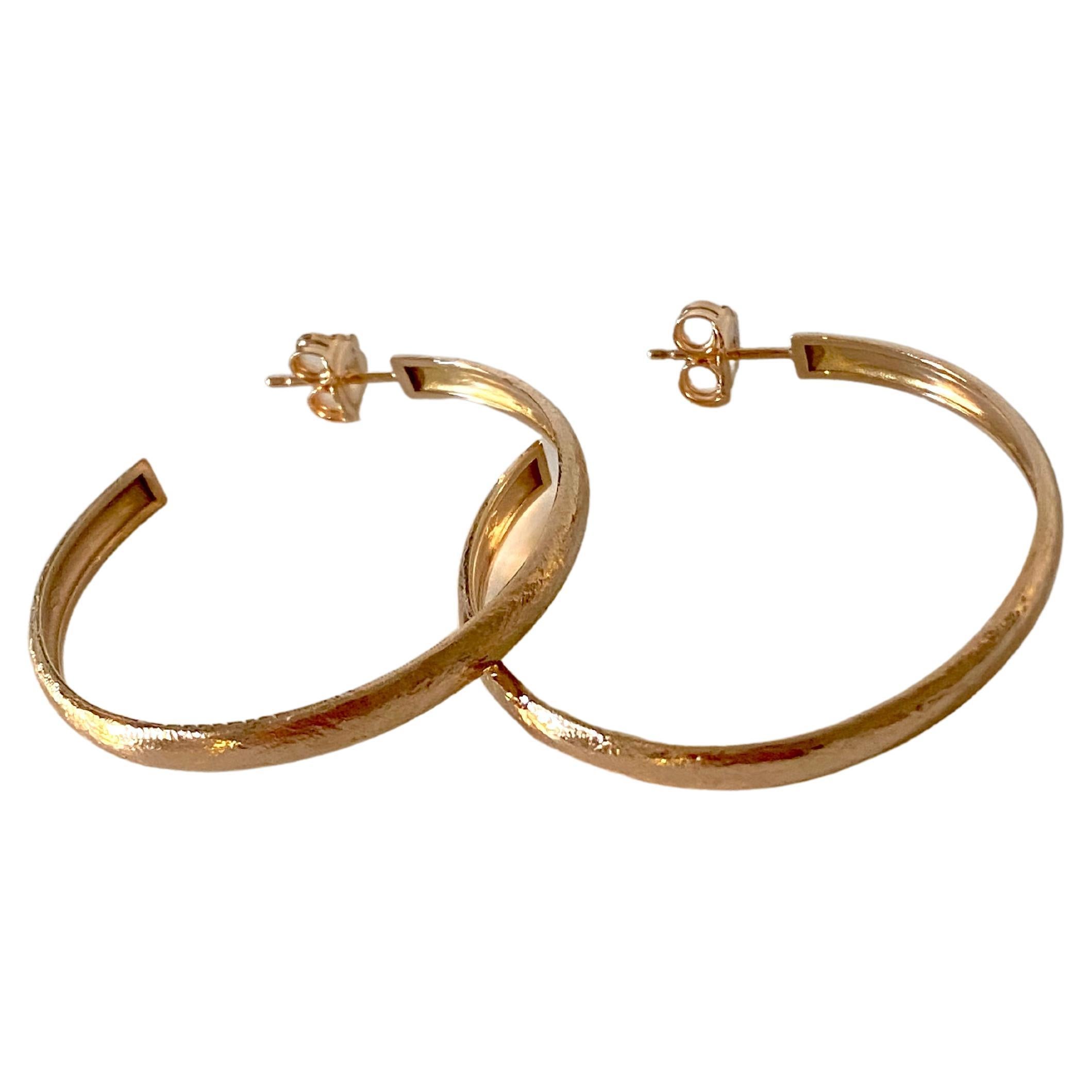 Handcrafted Hammered 18K Yellow Gold Scratched Satin Design Hoops Earrings  For Sale