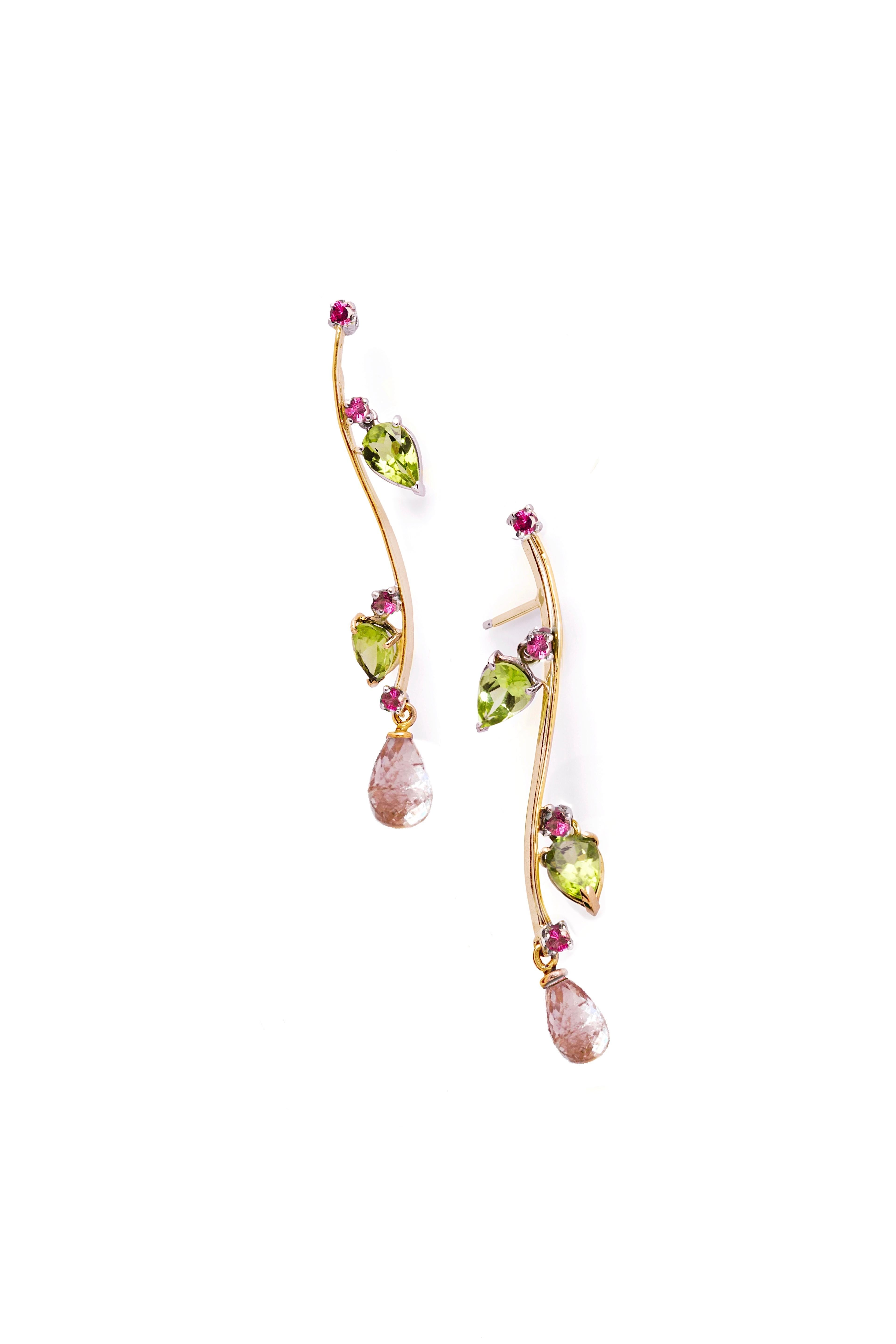 Romantic Rossella Ugolini 18K Yellow Gold Earrings Tourmaline Peridot Dangle Earrings  For Sale