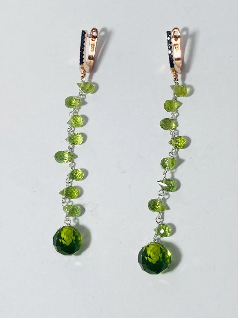 Pear Cut Handcrafted 18k Gold Earrings Black Diamonds and Peridot Drops Italian Made For Sale