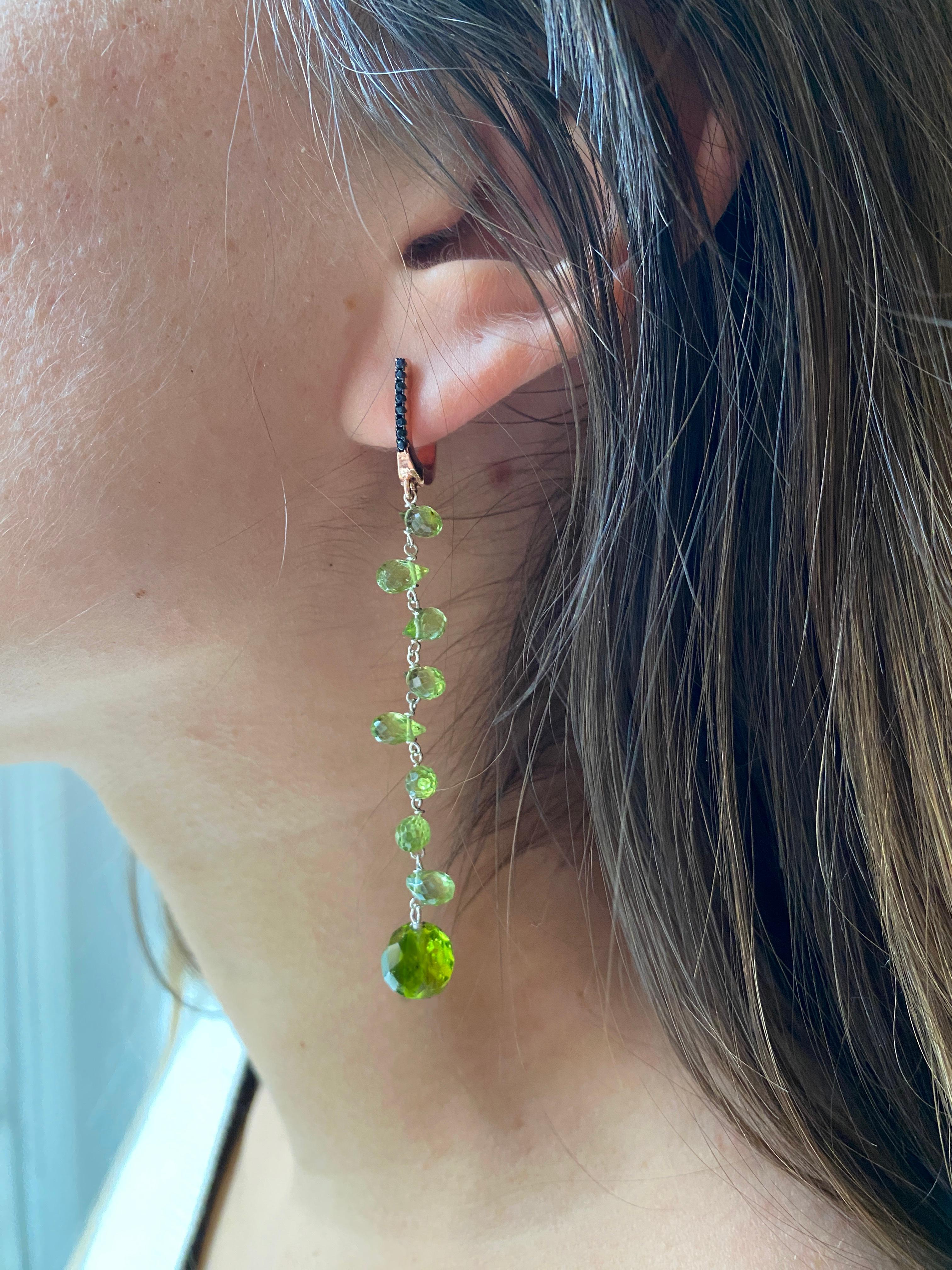 Romantic Handcrafted 18k Gold Earrings Black Diamonds and Peridot Drops Italian Made For Sale