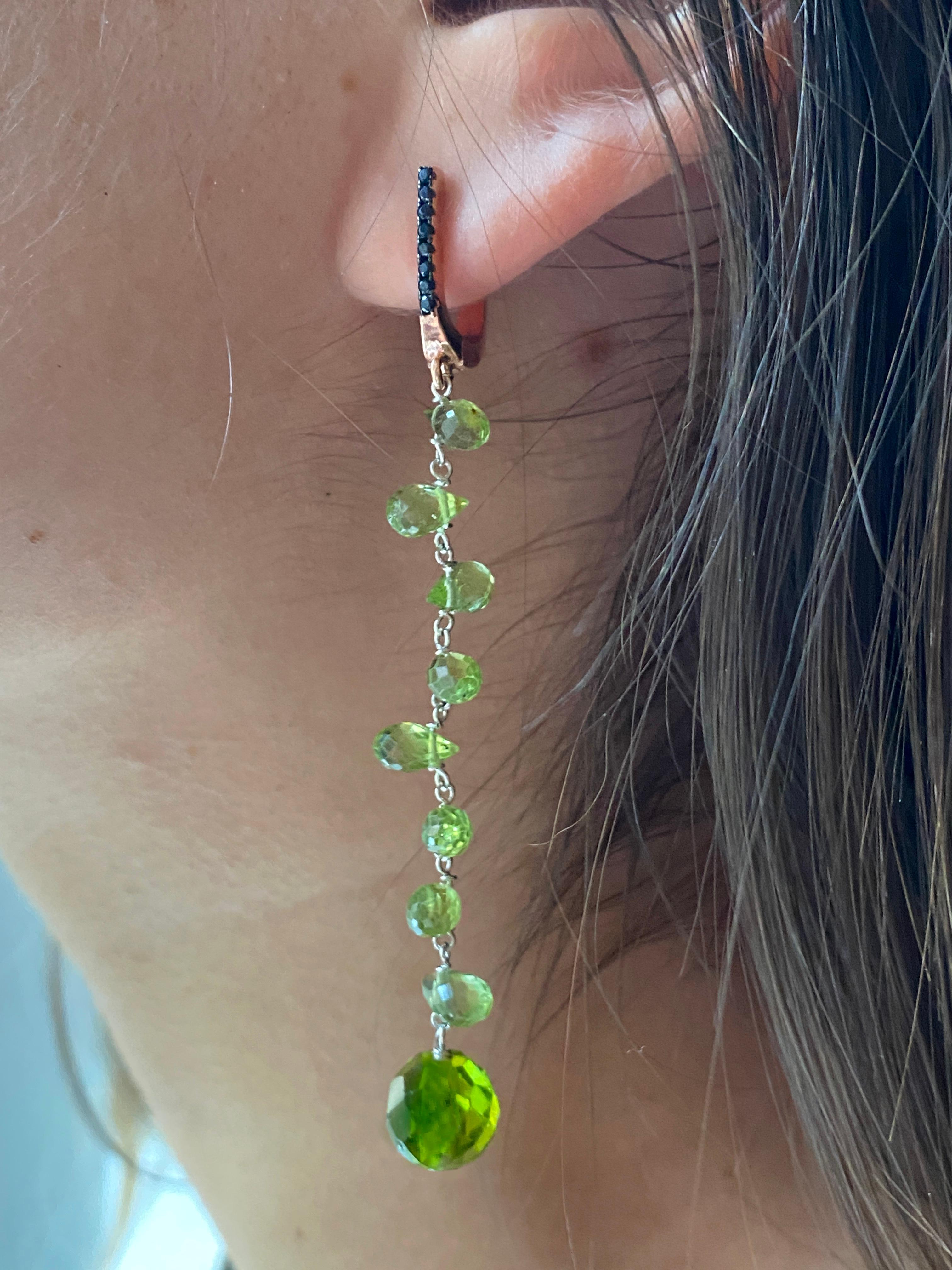 Handcrafted 18k Gold Earrings Black Diamonds and Peridot Drops Italian Made For Sale 1