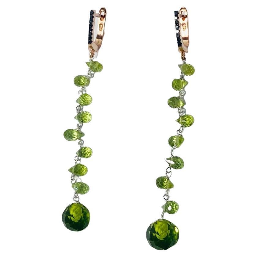 Handcrafted 18k Gold Earrings Black Diamonds and Peridot Drops Italian Made For Sale