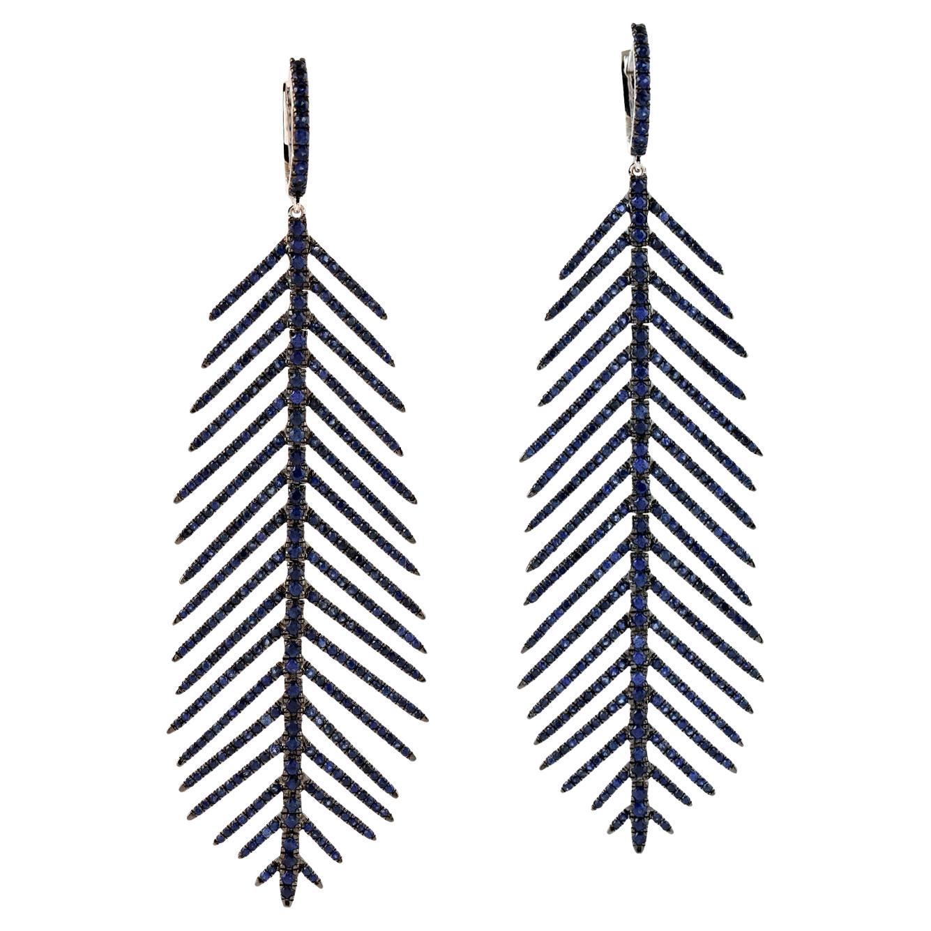 Handcrafted 18K Gold Midnight Blue Sapphire Fern Leaf Earrings For Sale
