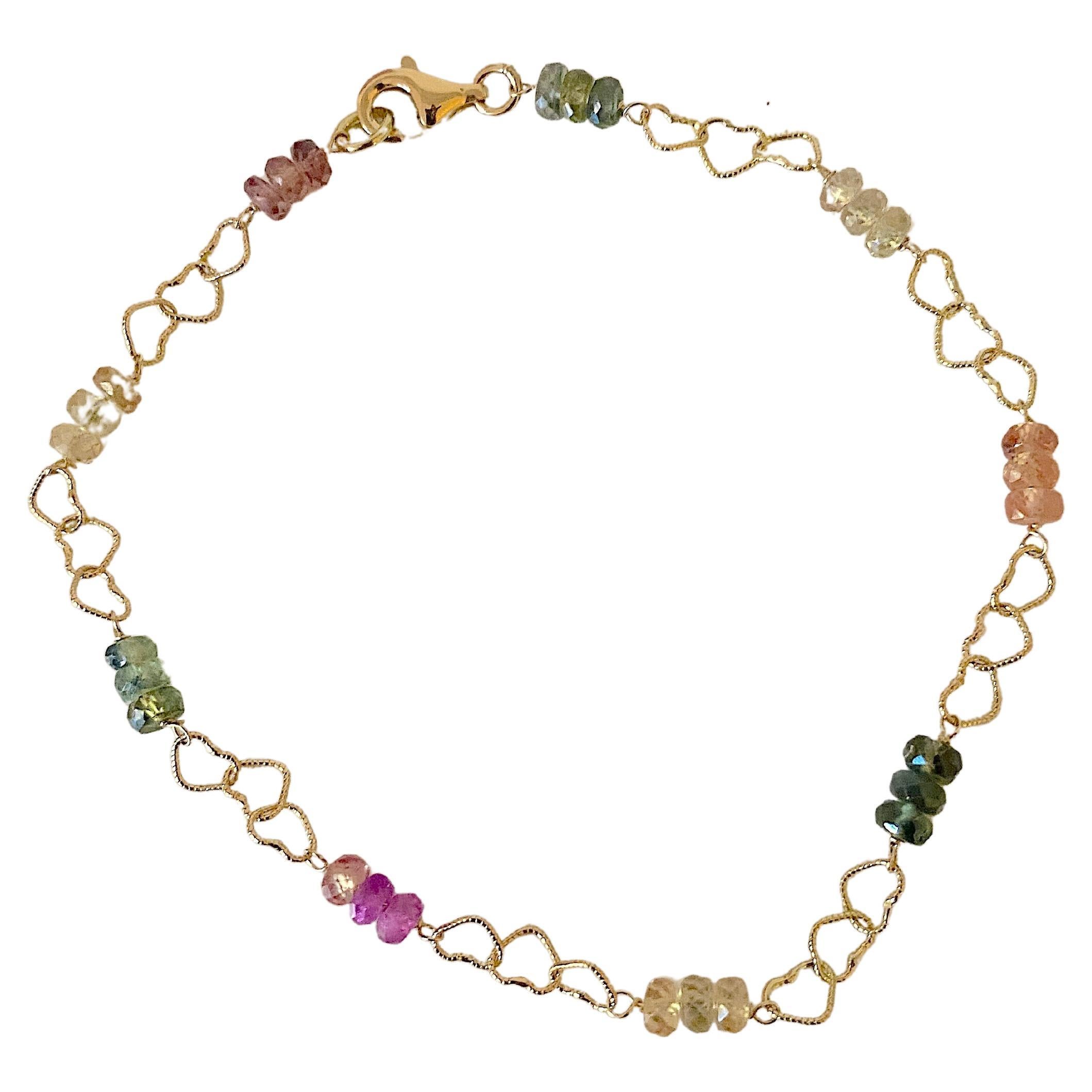 Bracelet à chaîne en or 18 carats et saphirs multicolores, fabriqué à la main en Italie