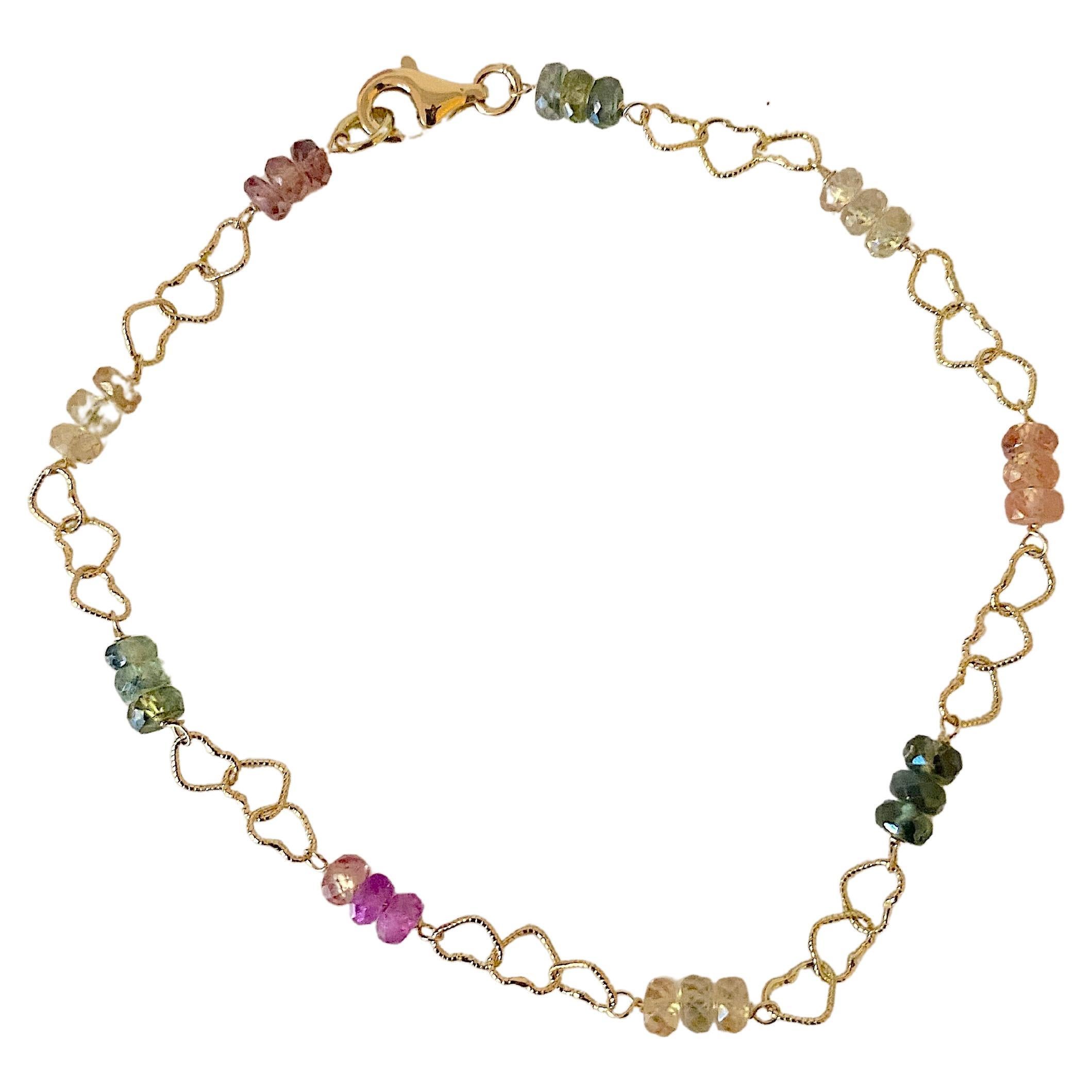 18K Yellow Gold Multicolor Sapphire Link Bracelet Handcrafted in Italy For Sale