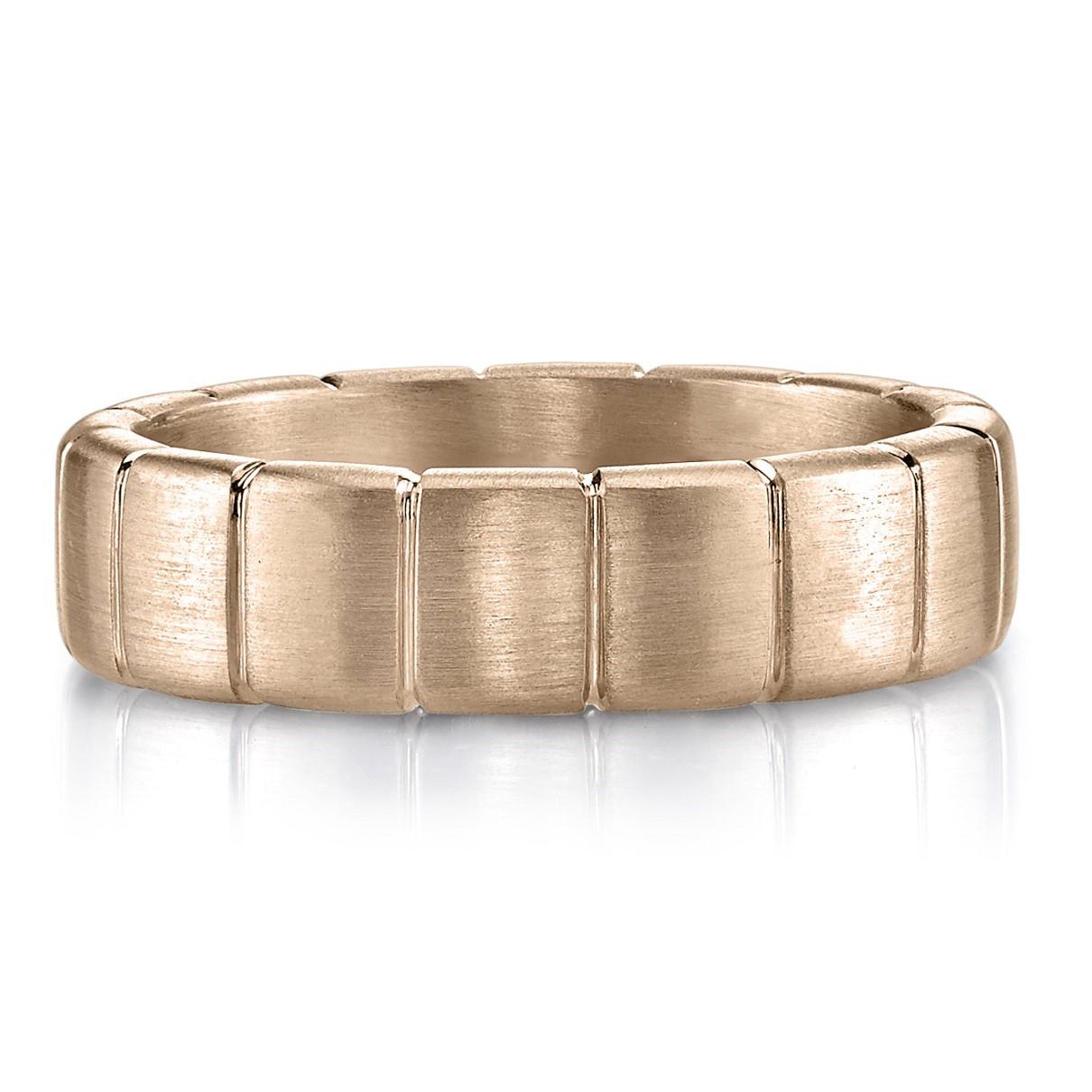 6mm handcrafted 18k gold satin finish sectional Men's band. Bands available in 18K yellow, white and rose gold. Available widths from 2mm to 6mm. 

Our jewelry is made locally in Los Angeles and most pieces are made to order. For these made-to-order