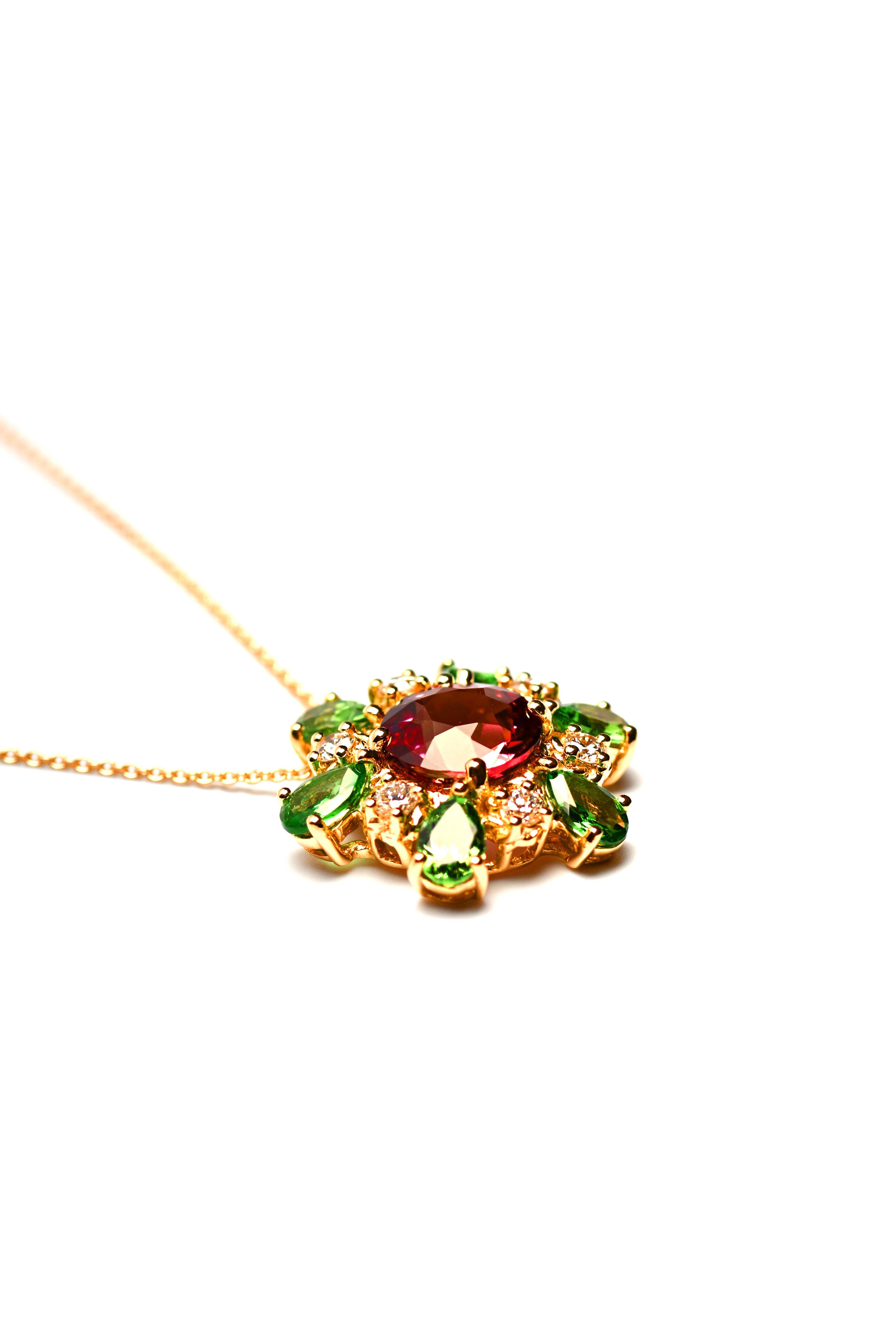 Round Cut Handcrafted 18K Pendant with Tourmaline Center, Tsavorite Halo, Diamond Necklace For Sale