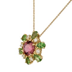 Handcrafted 18K Pendant with Tourmaline Center, Tsavorite Halo, Diamond Necklace