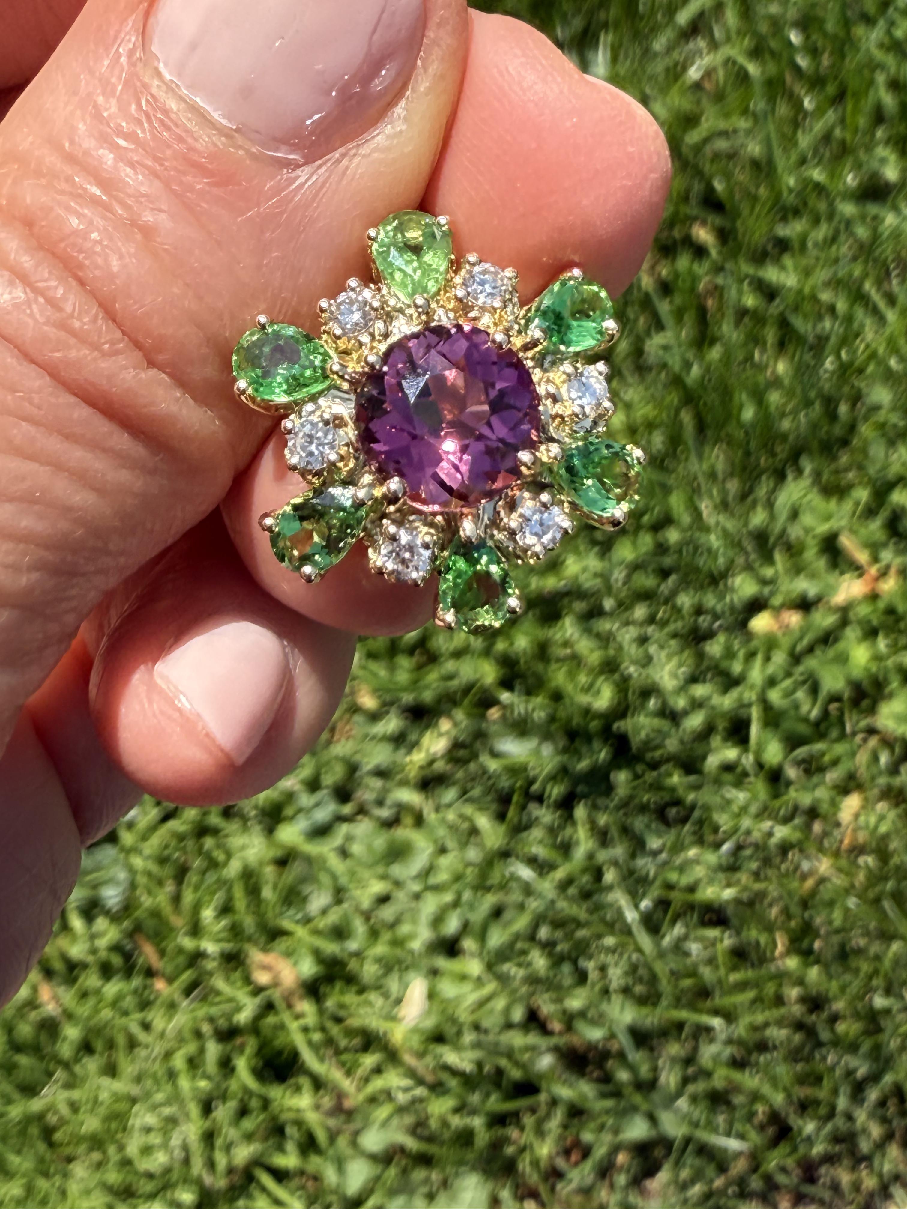 Women's or Men's Handcrafted 18K Pendant with Tourmaline Center, Tsavorite Halo, Diamond Necklace For Sale