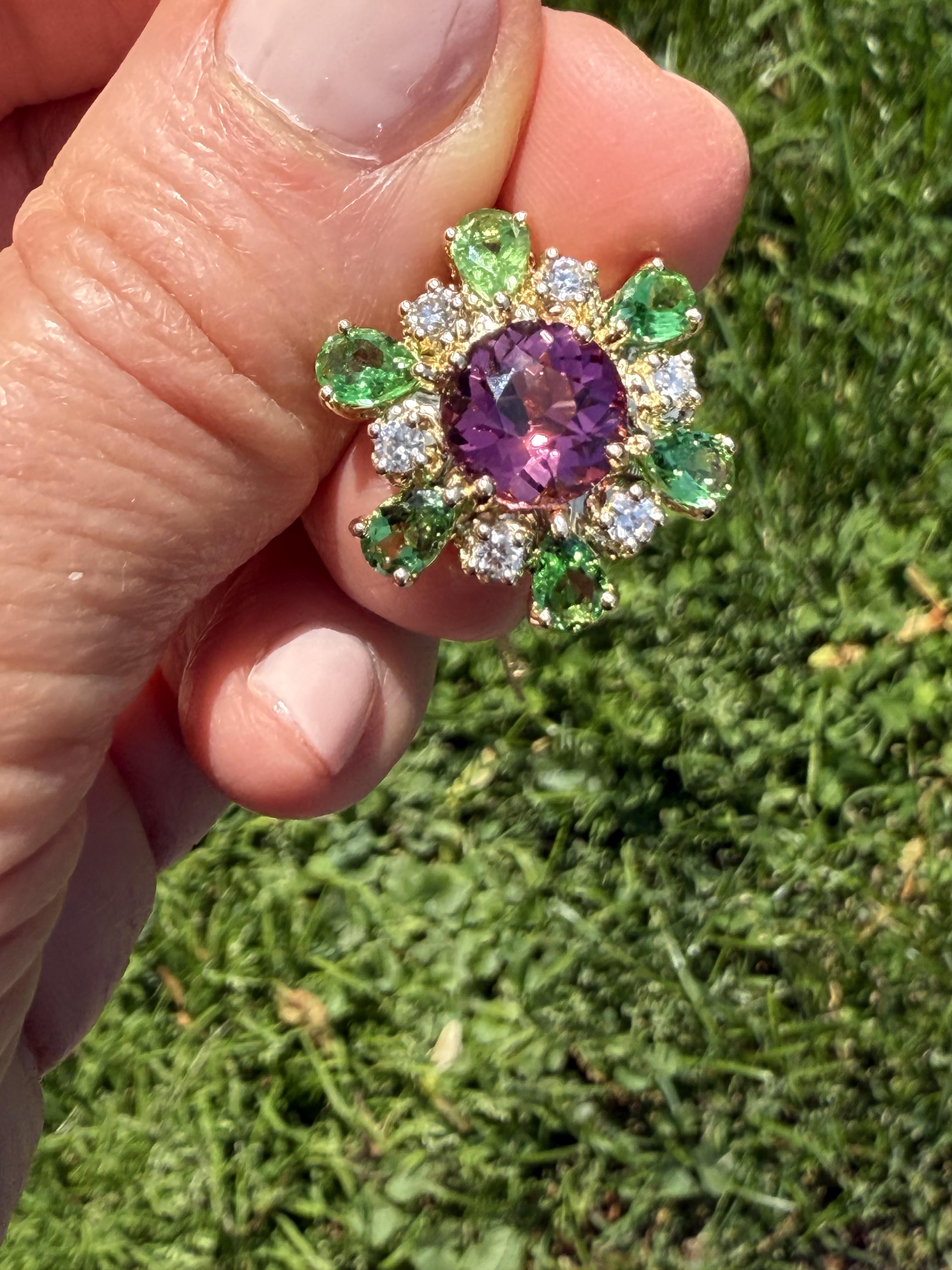 Handcrafted 18K Pendant with Tourmaline Center, Tsavorite Halo, Diamond Necklace For Sale 1