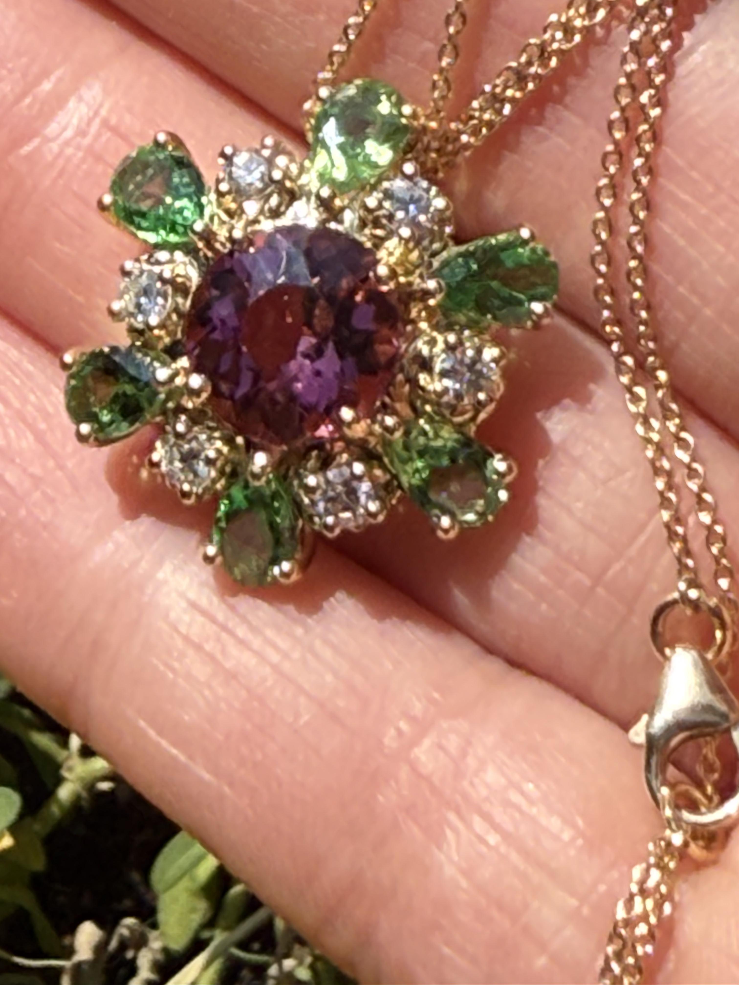 Handcrafted 18K Pendant with Tourmaline Center, Tsavorite Halo, Diamond Necklace For Sale 2