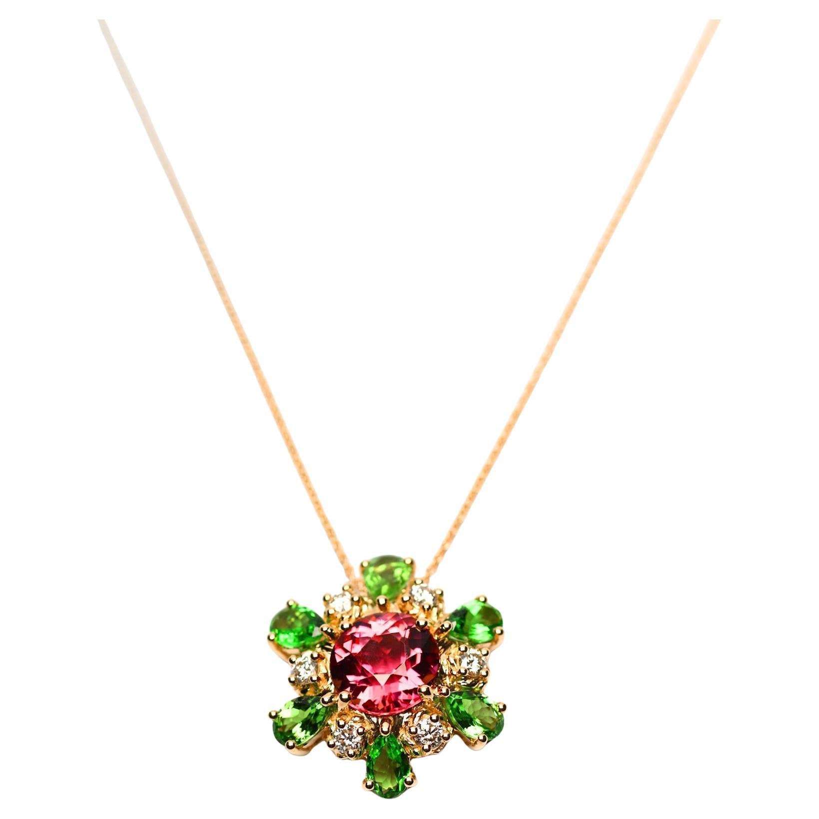 Handcrafted 18K Pendant with Tourmaline Center, Tsavorite Halo, Diamond Necklace For Sale