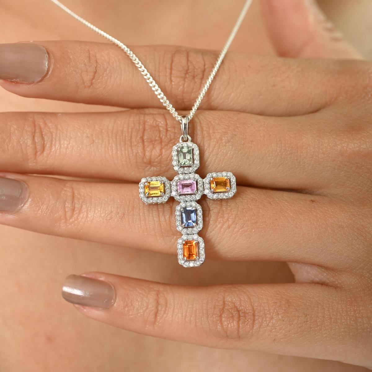 Gioielli artigianali in oro giallo massiccio 18k con ciondolo a croce in zaffiro multiplo Nature in vendita 4